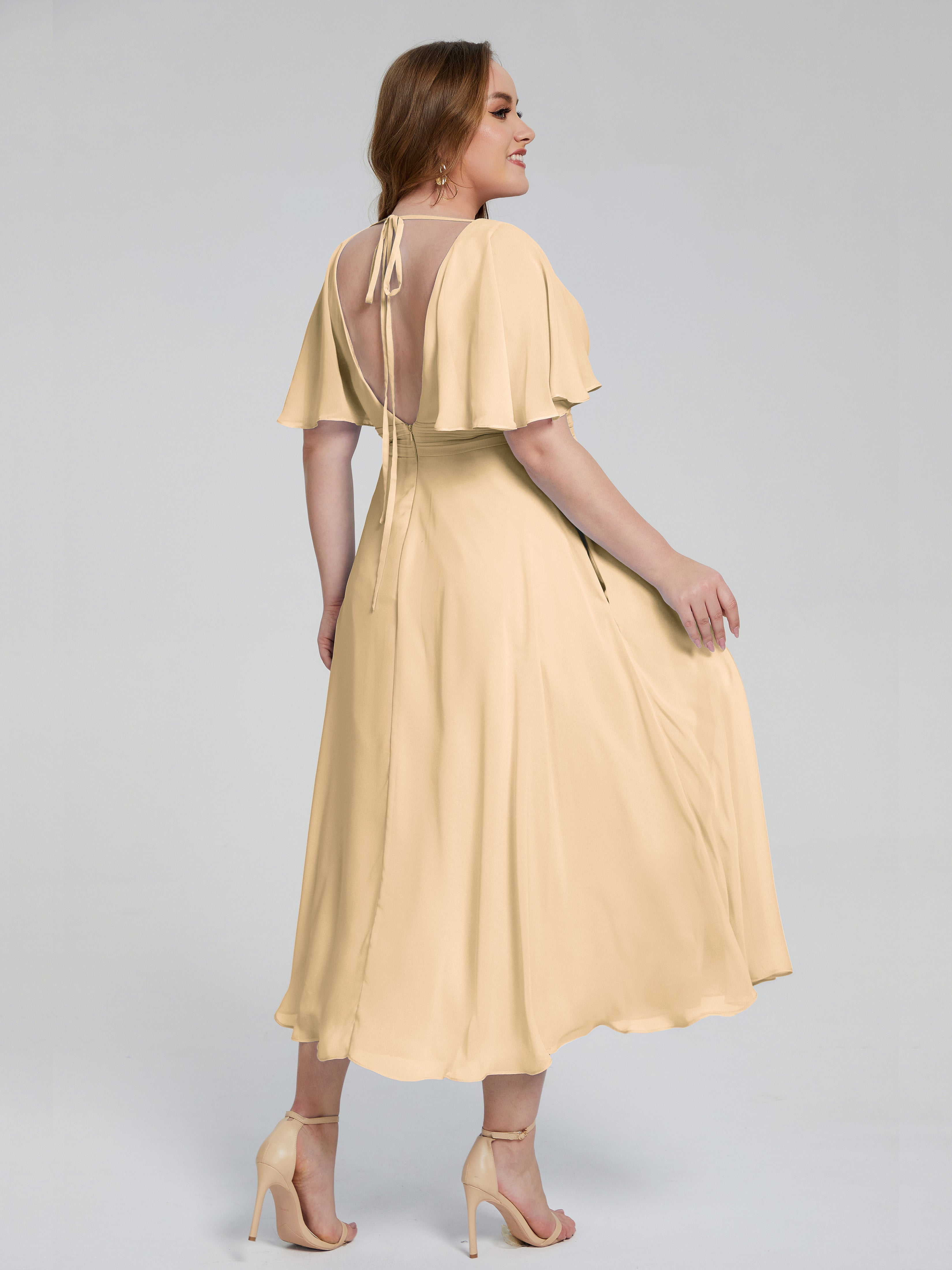 Robes De Demoiselle D'Honneur Rose Pêche Dos Nu Mousseline Robes Demoiselle D'Honneur Grande Taille
