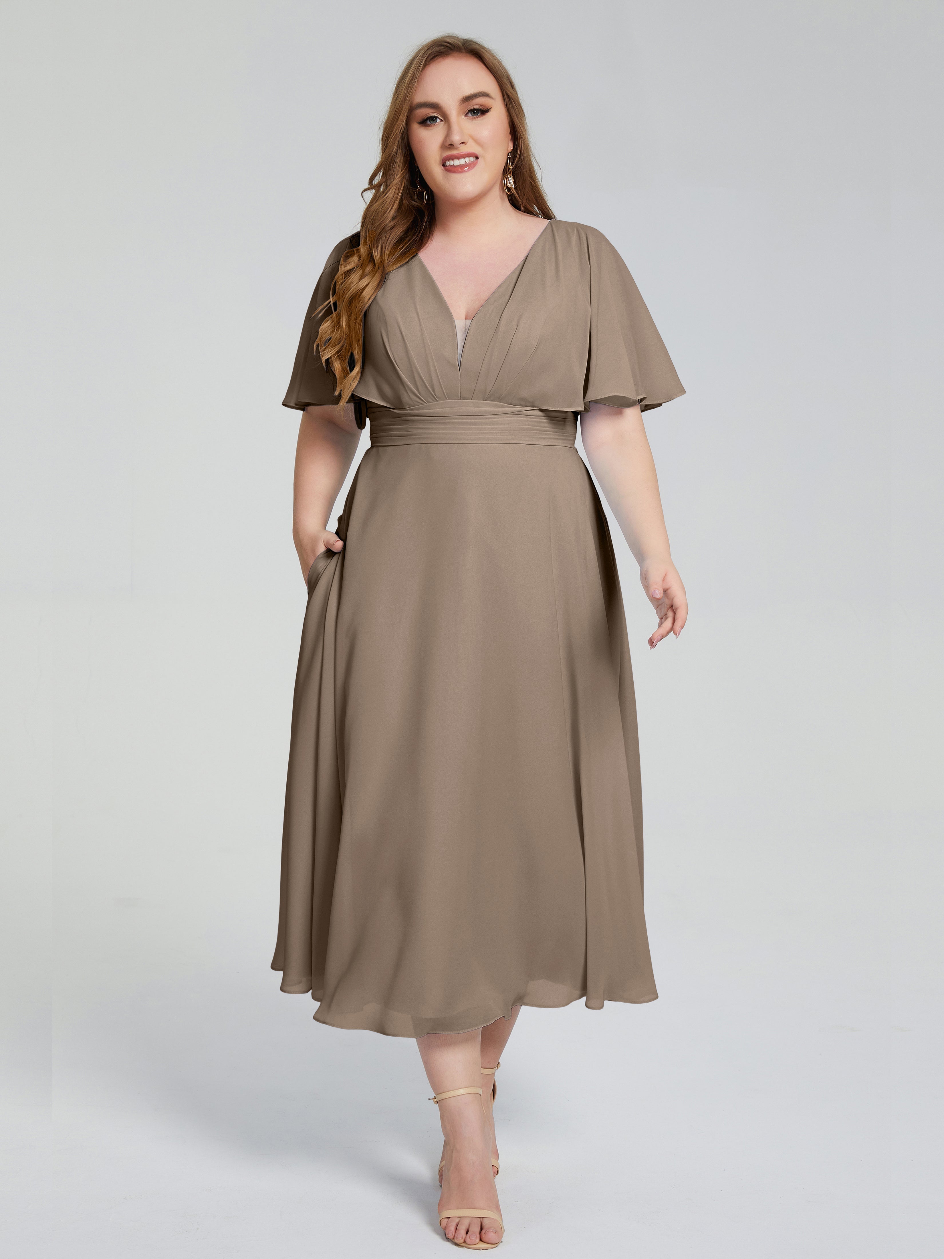 Robe De Couleur Taupe Dos Nu Mousseline Robes Demoiselle D'Honneur Grande Taille