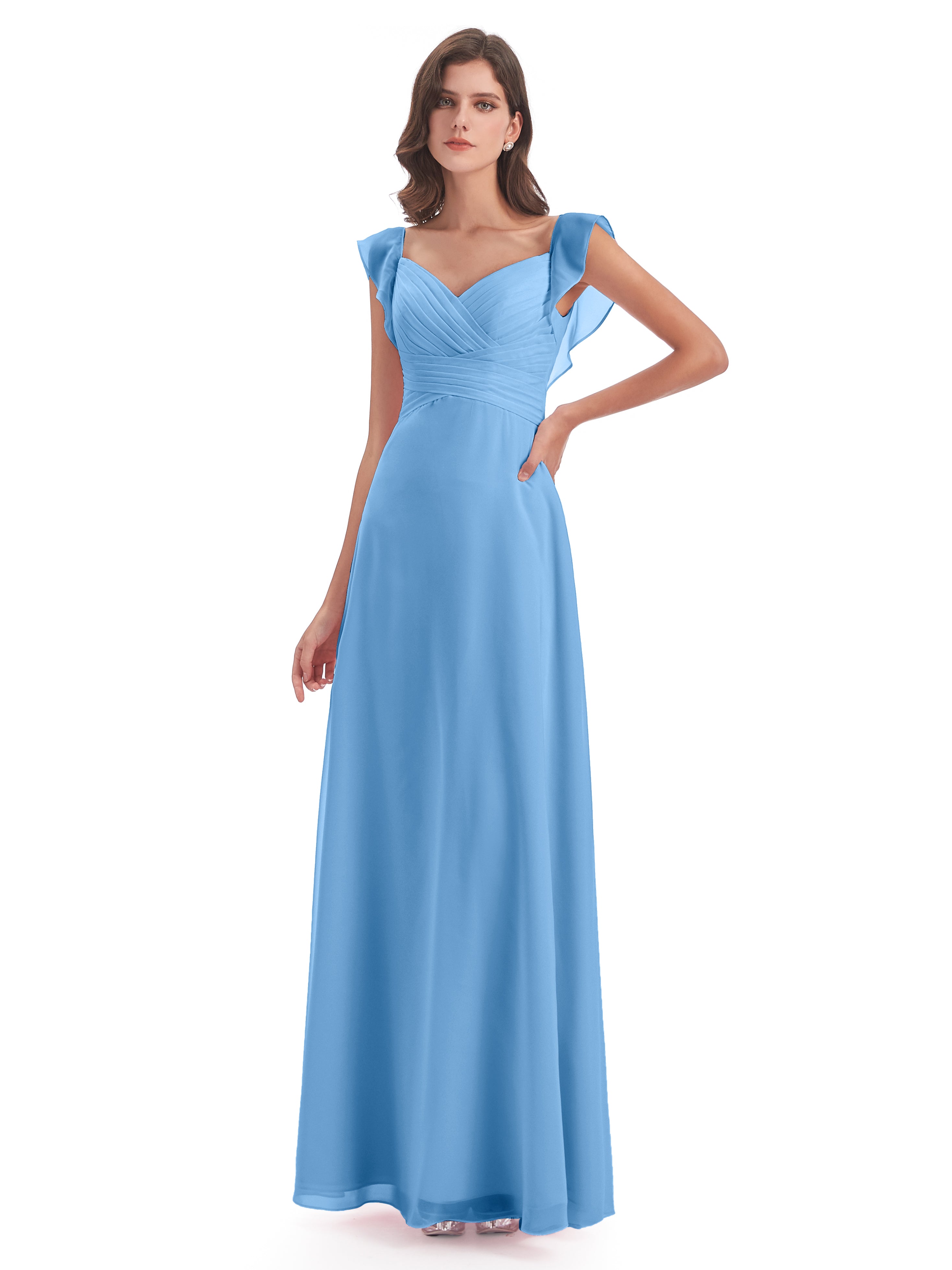 Robes De Demoiselle D'Honneur Bleu Clair Fourreau/Colonne Col V Longue Robes Demoiselle D'Honneur