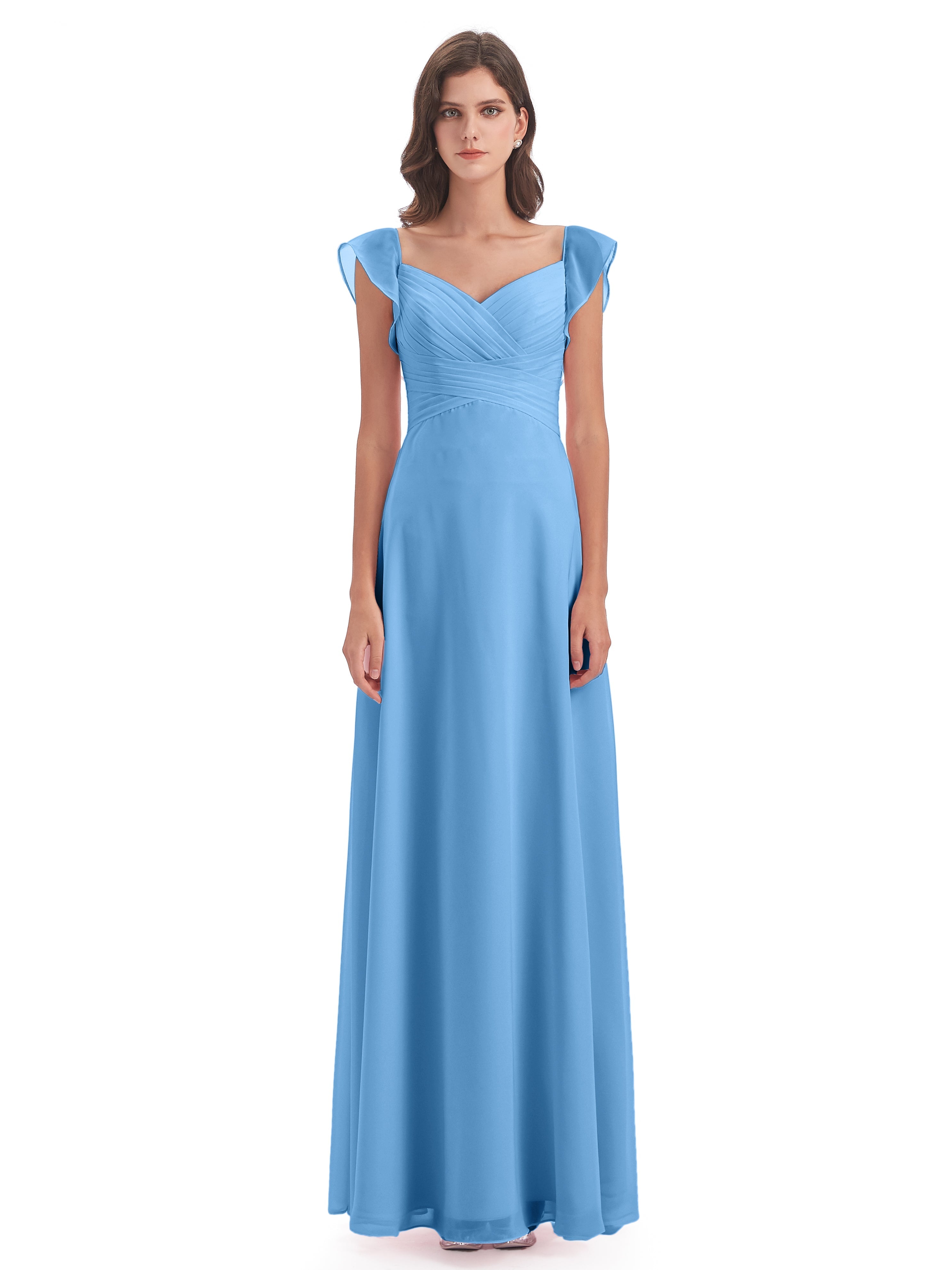 Robes De Demoiselle D'Honneur Bleu Clair Fourreau/Colonne Col V Longue Robes Demoiselle D'Honneur