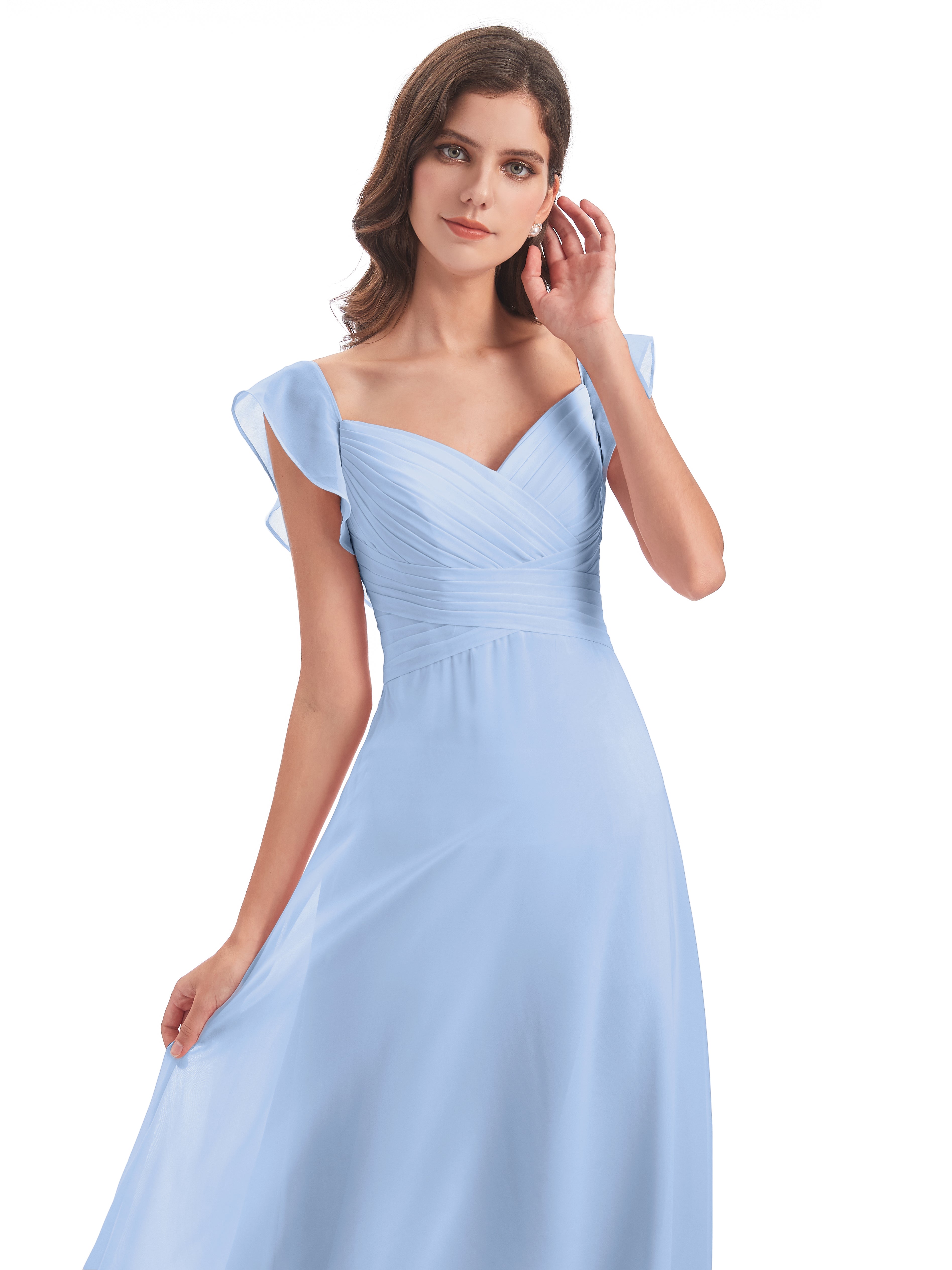 Robe Longue Bleu Ciel Demoiselle D Honneur Fourreau/Colonne Col V Longue Robes Demoiselle D'Honneur