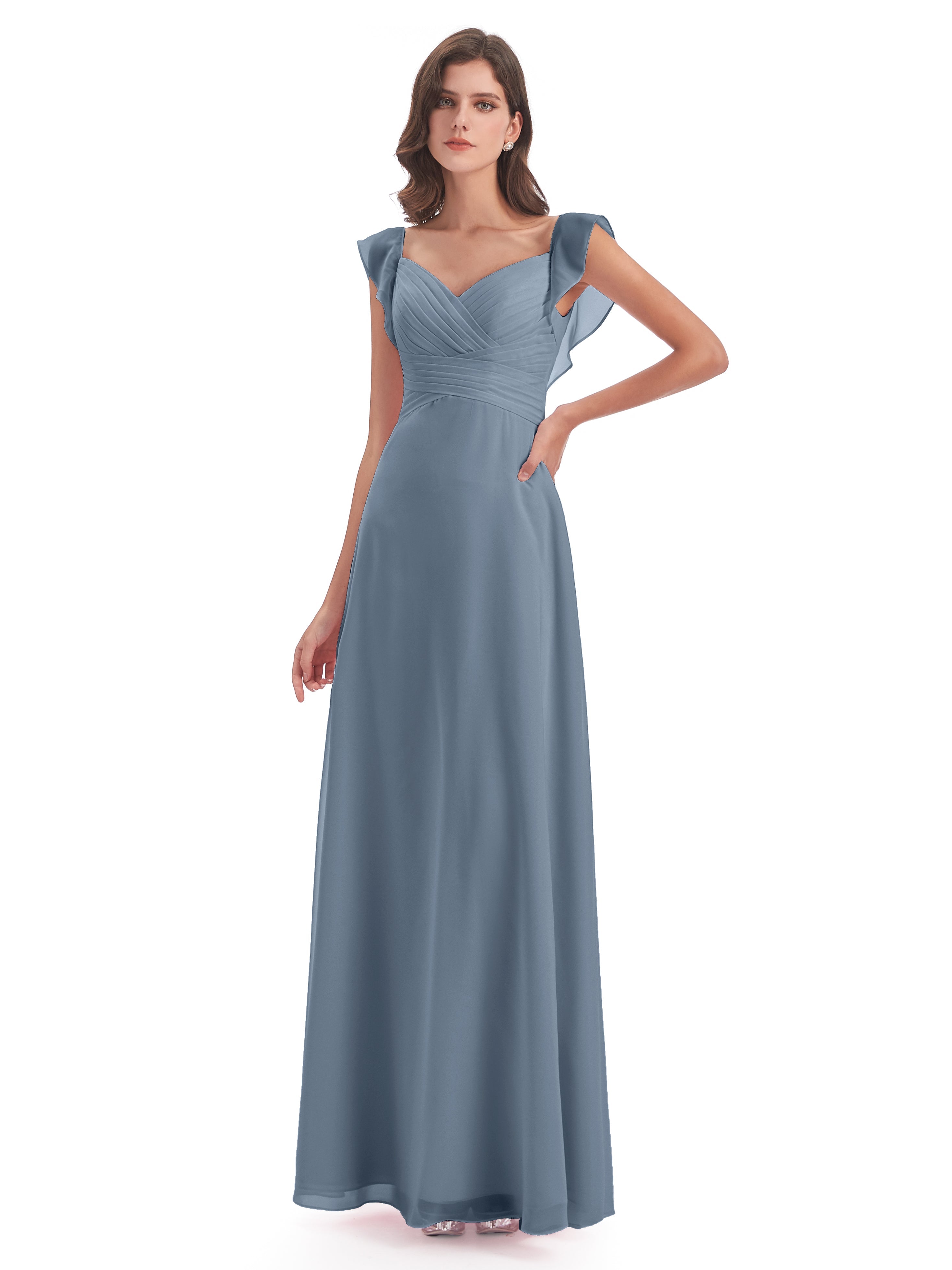 Robes De Demoiselle D'Honneur Bleu Poussiéreux Fourreau/Colonne Col V Longue Robes Demoiselle D'Honneur