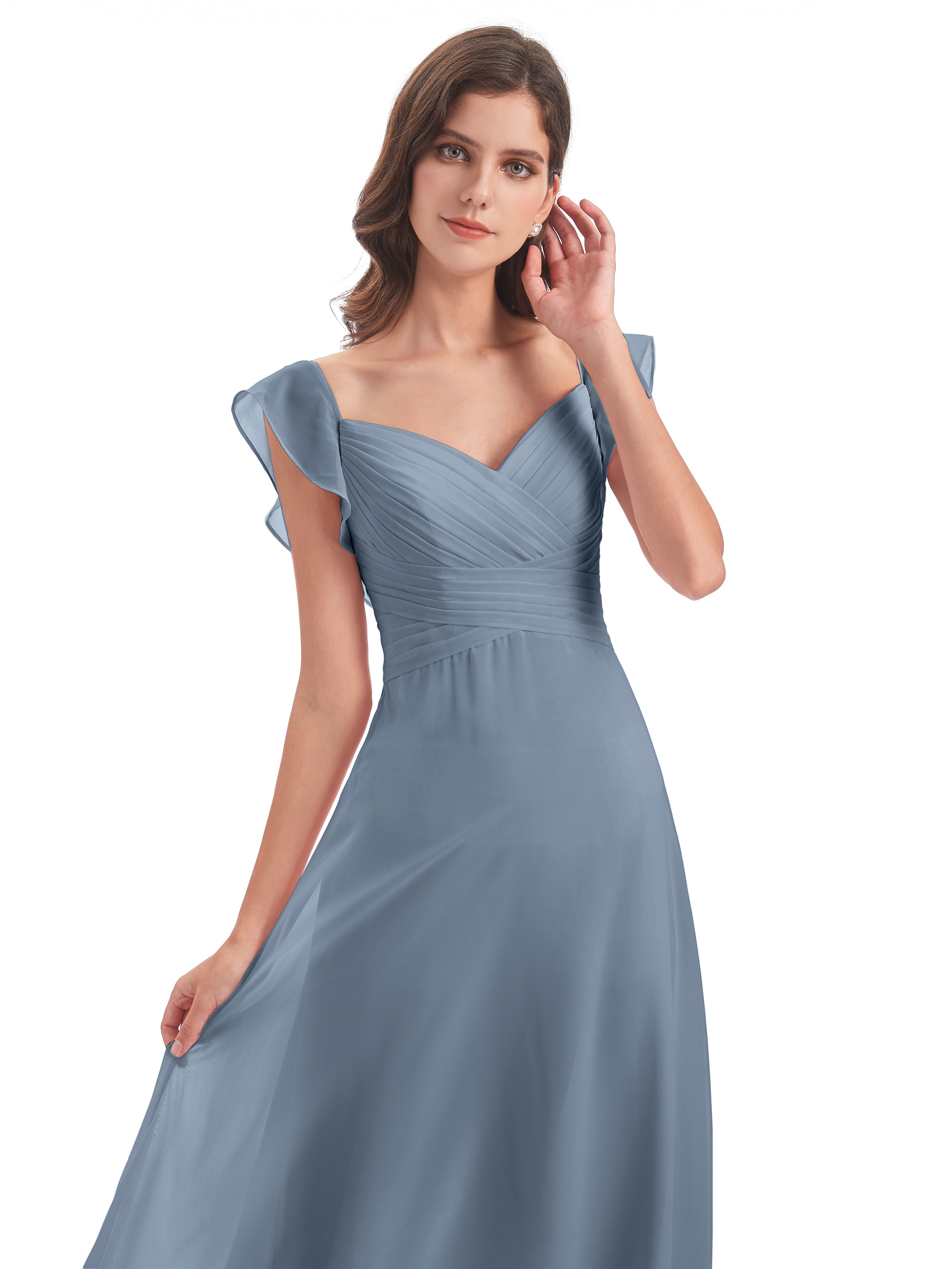 Robes De Demoiselle D'Honneur Bleu Poussiéreux Fourreau/Colonne Col V Longue Robes Demoiselle D'Honneur