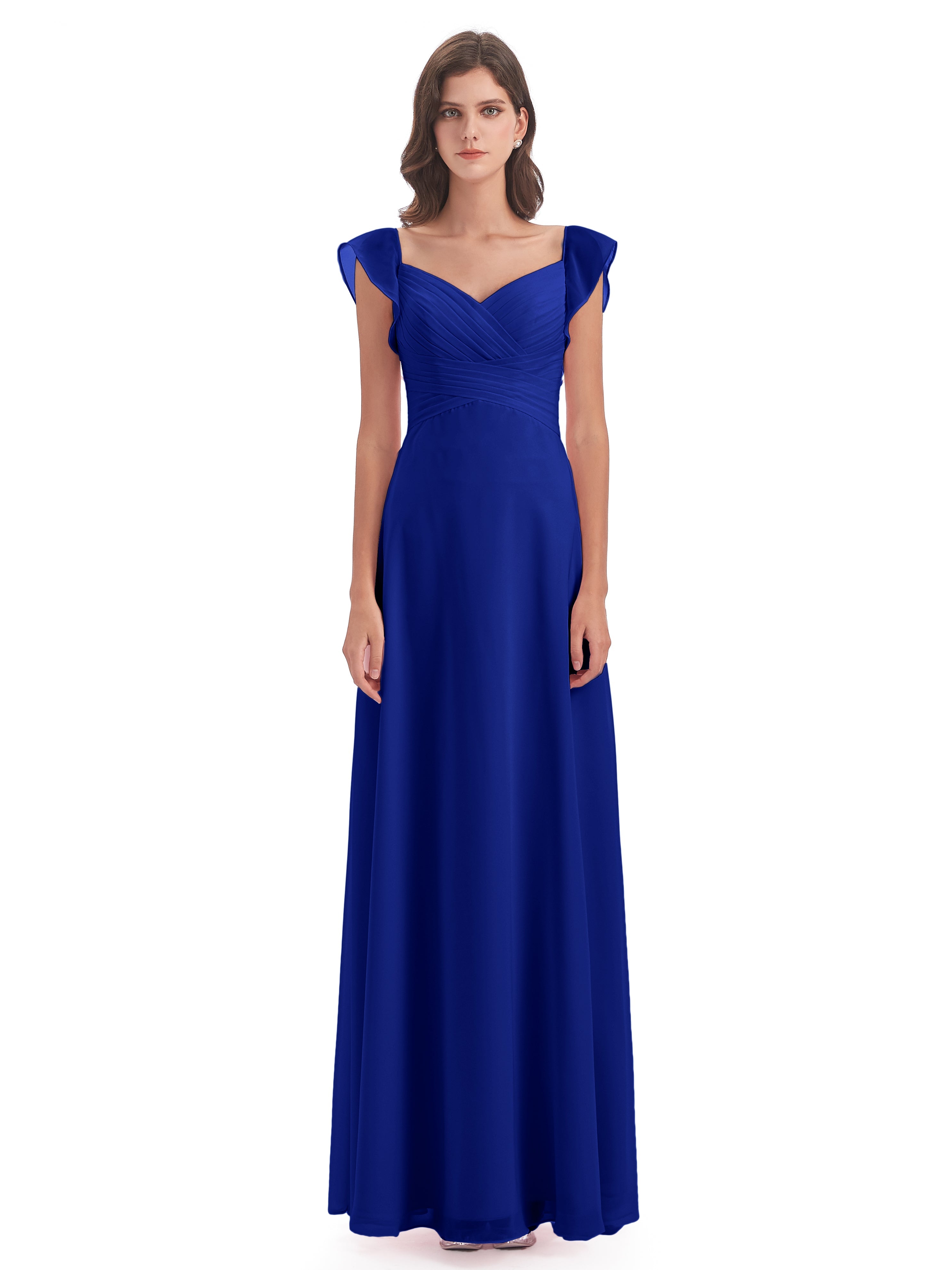 Robes De Demoiselle D'Honneur Bleu Royal Longues Fourreau/Colonne Col V Longue Robes Demoiselle D'Honneur