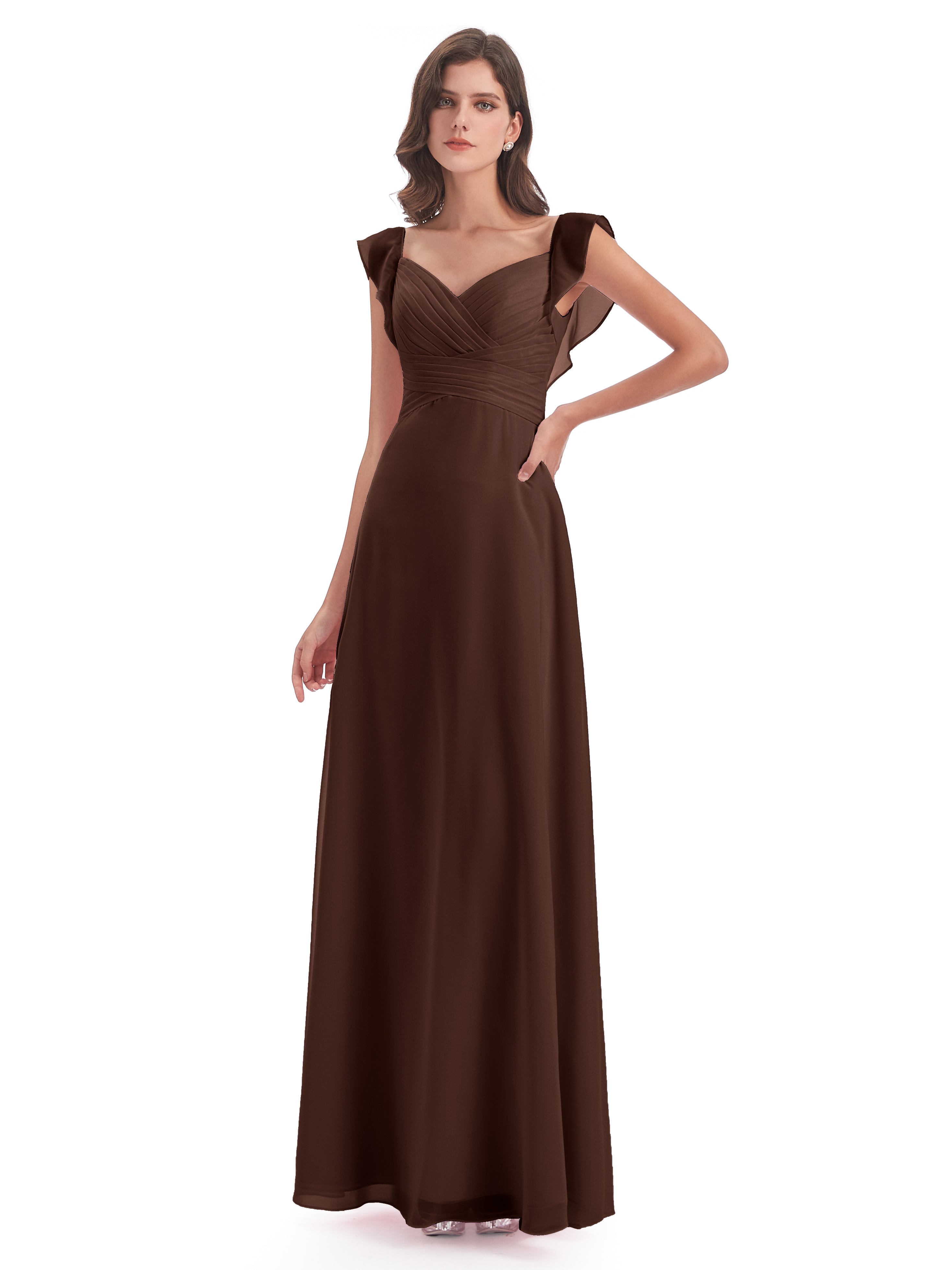 Robe Demoiselle D Honneur Marron Chocolat Fourreau/Colonne Col V Longue Robes Demoiselle D'Honneur