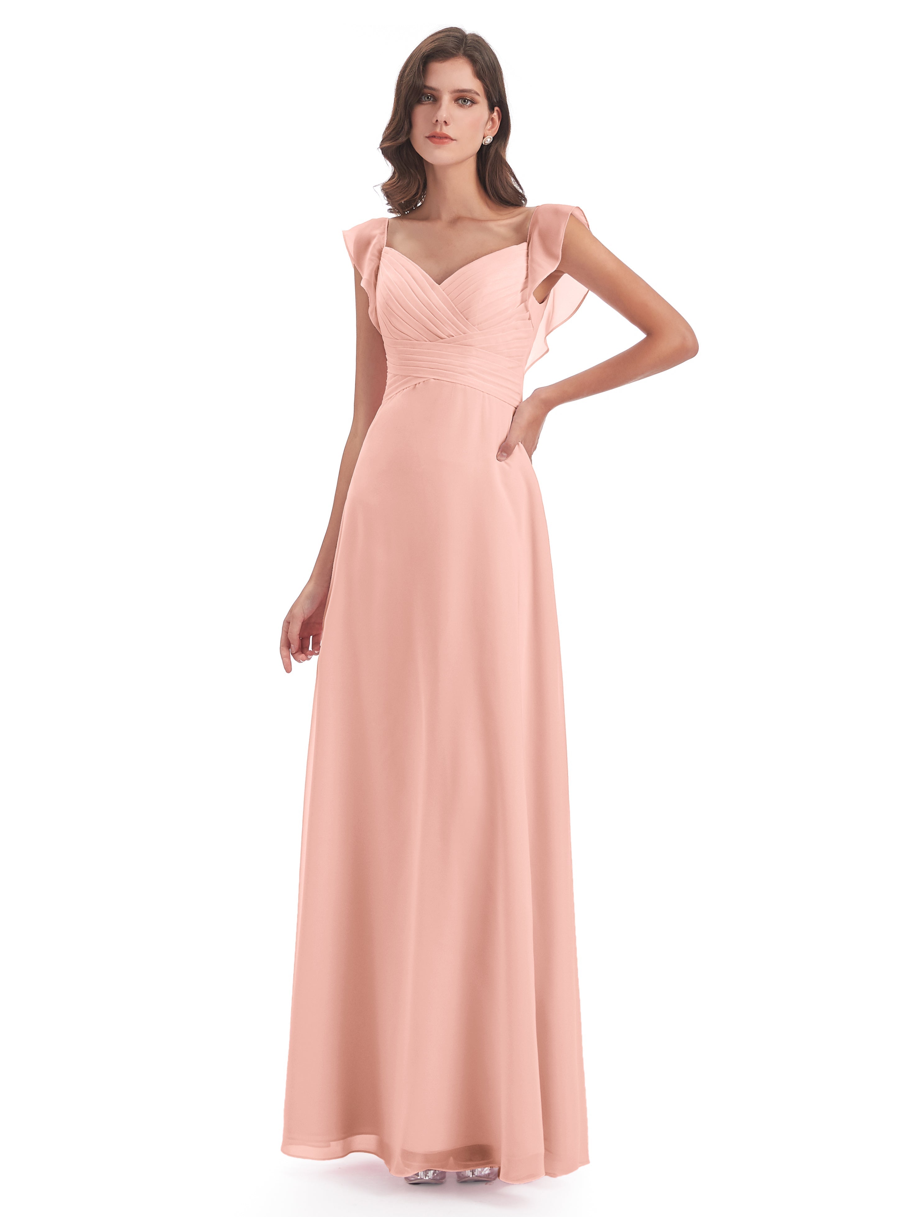 Robes De Demoiselle D'Honneur Corail Fourreau/Colonne Col V Longue Robes Demoiselle D'Honneur