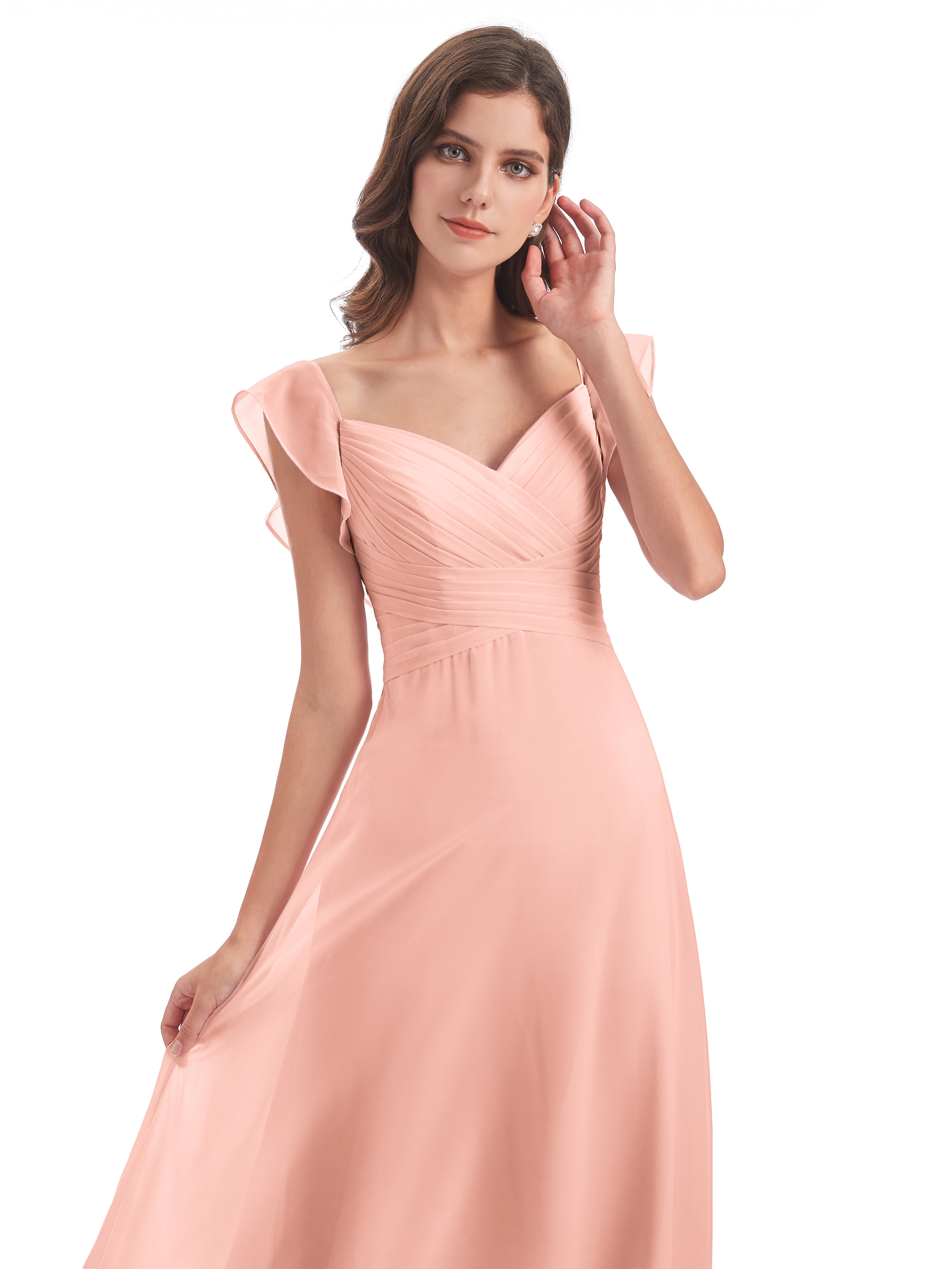 Robes De Demoiselle D'Honneur Corail Fourreau/Colonne Col V Longue Robes Demoiselle D'Honneur