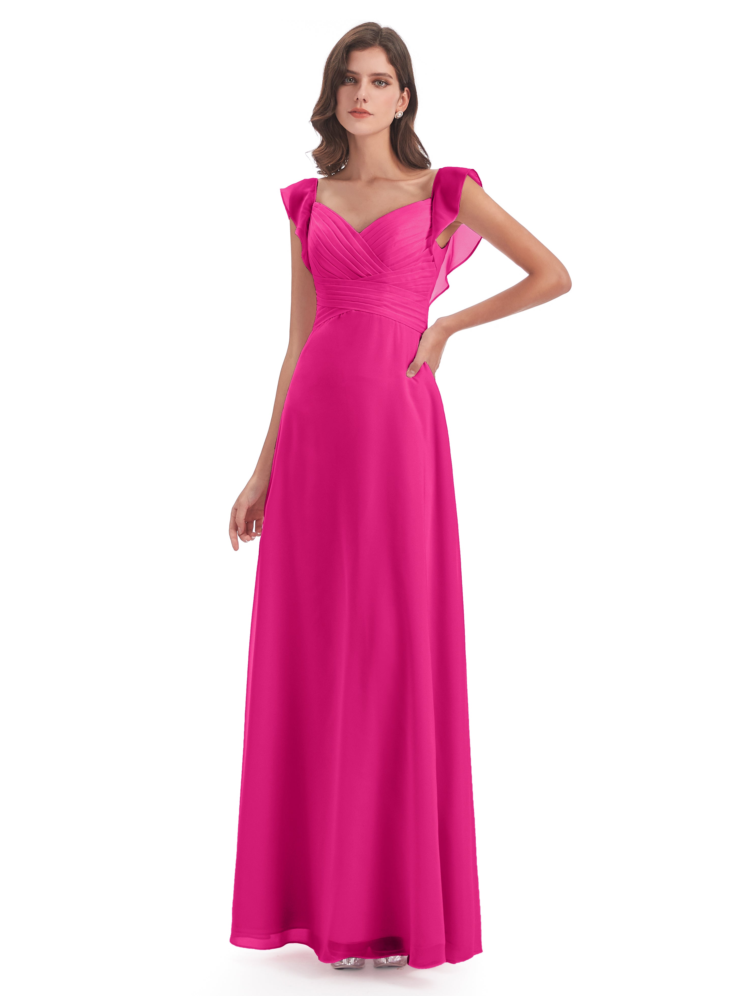 Robes De Demoiselle D'Honneur Rose Fuchsia Couleur Fourreau/Colonne Col V Longue Robes Demoiselle D'Honneur