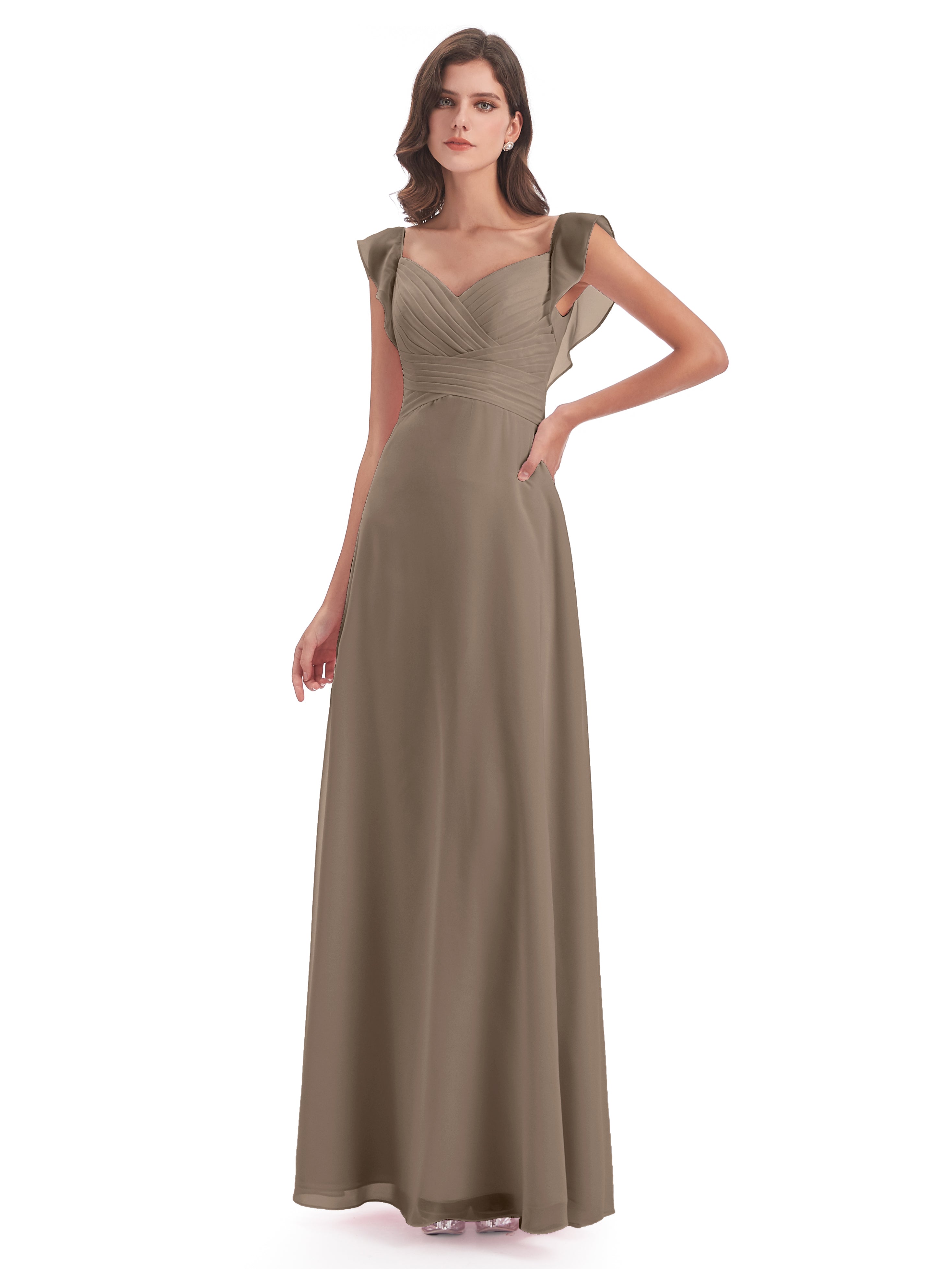 Robe Ceremonie Taupe Fourreau/Colonne Col V Longue Robes Demoiselle D'Honneur