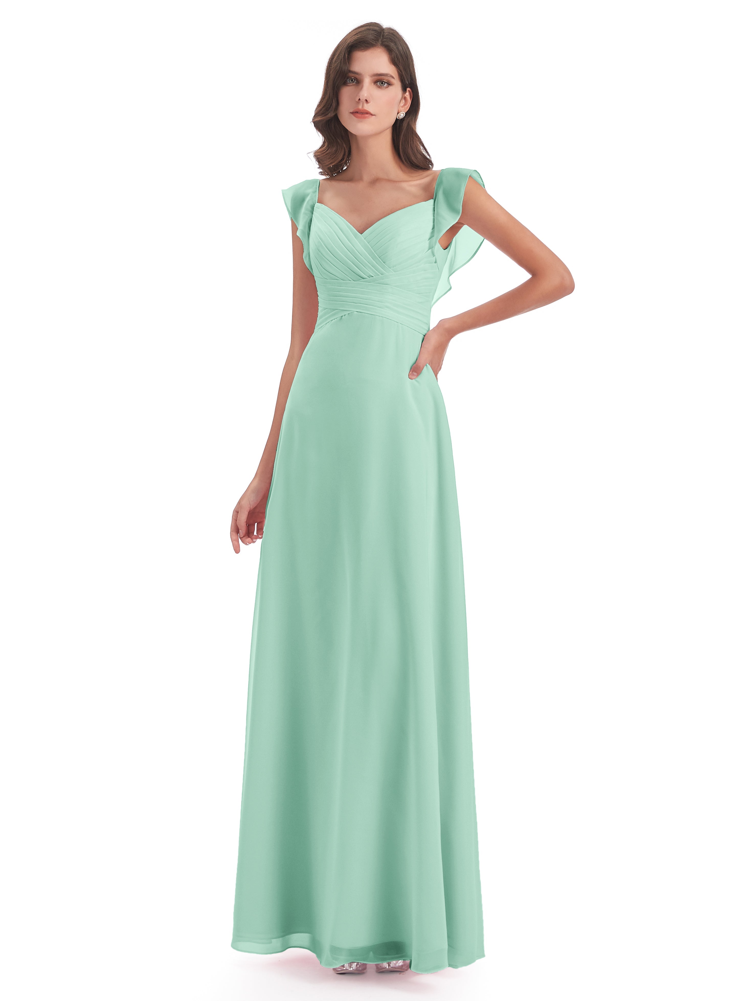 Robes De Demoiselle D'Honneur Vert Menthe Fourreau/Colonne Col V Longue Robes Demoiselle D'Honneur