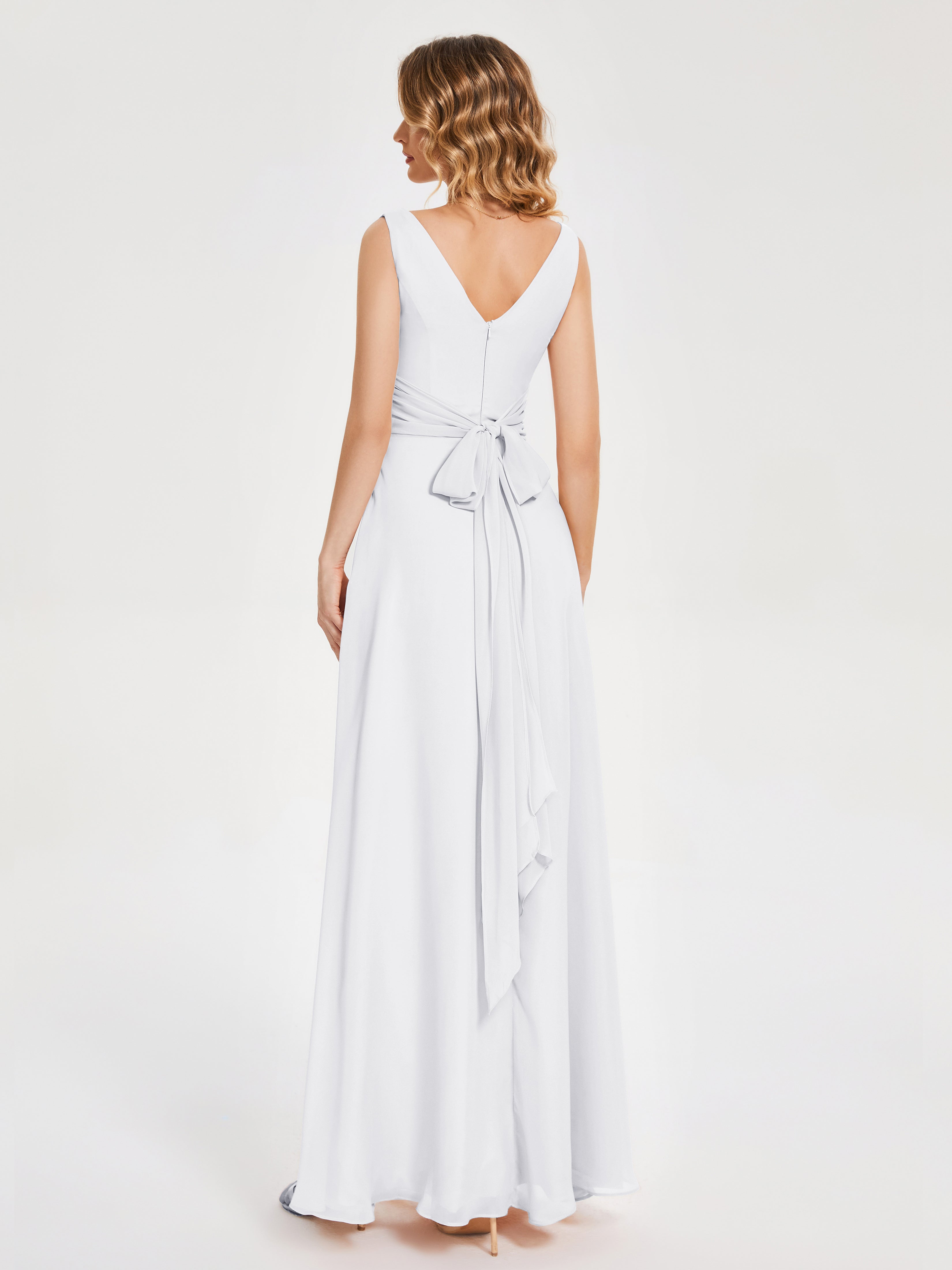 Robe Blanche Demoiselle D Honneur Bretelles Fendue Col V Mousseline Robes Demoiselle D'Honneur