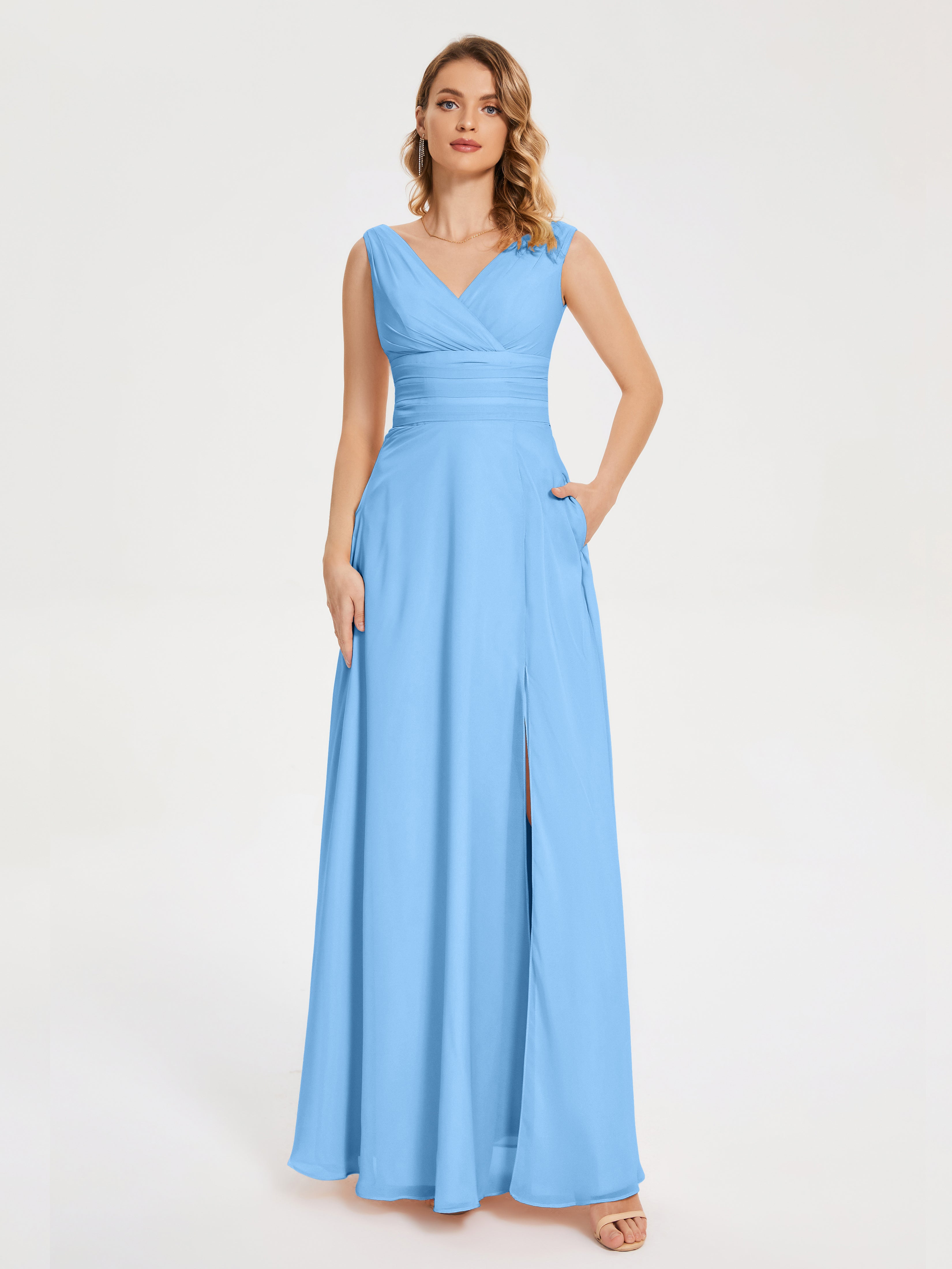 Robe Demoiselle D Honneur Bleue Bretelles Fendue Col V Mousseline Robes Demoiselle D'Honneur