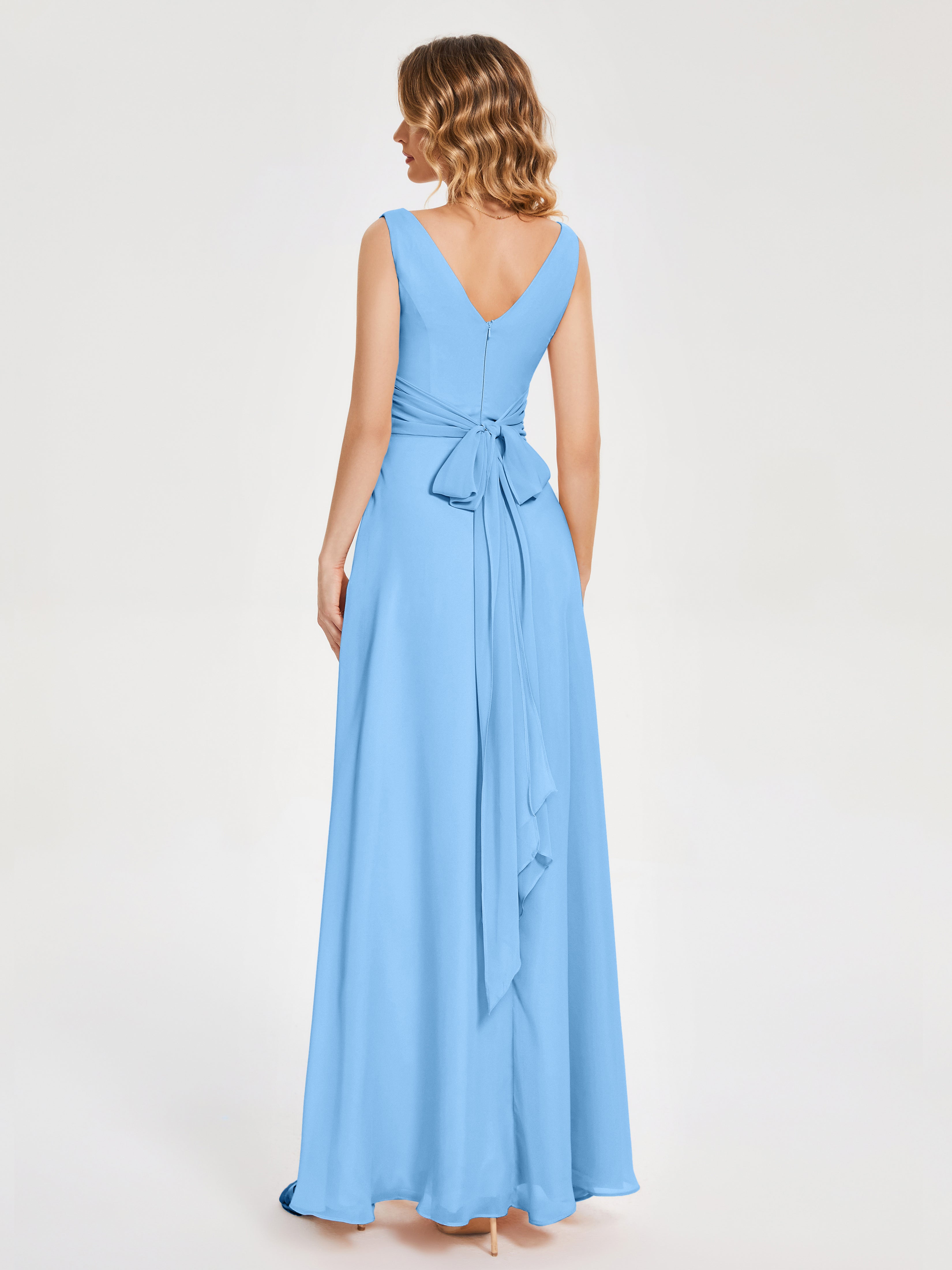 Robe Demoiselle D Honneur Bleue Bretelles Fendue Col V Mousseline Robes Demoiselle D'Honneur