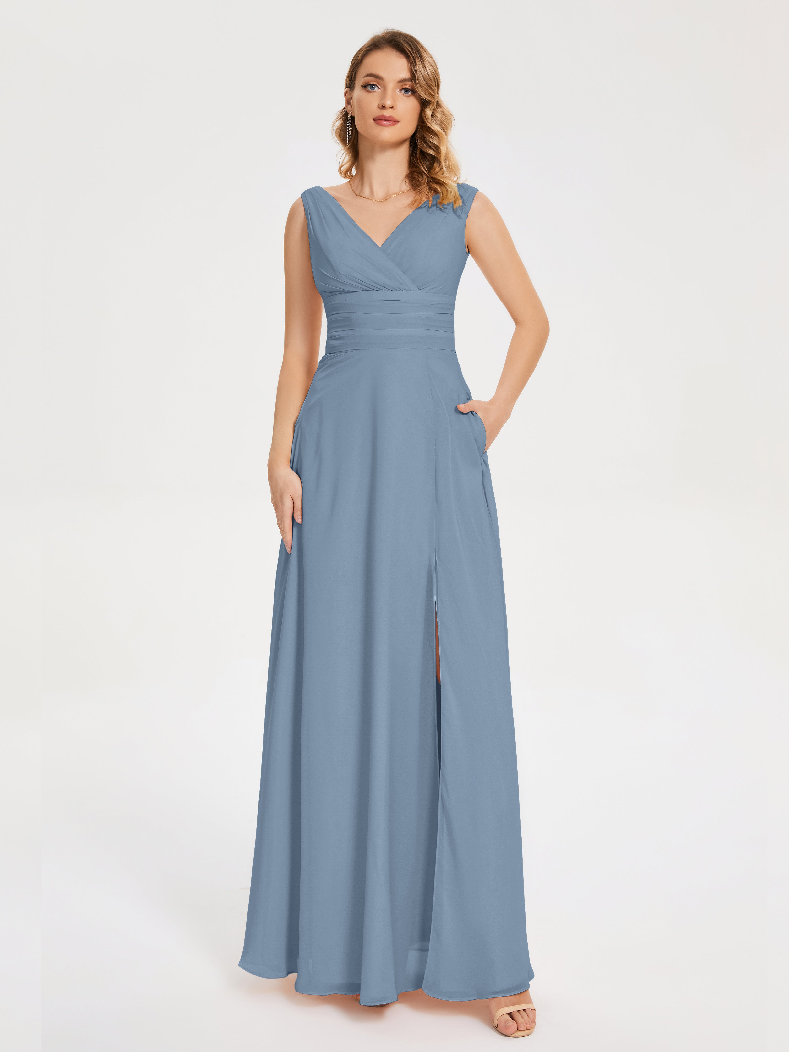 Robes De Demoiselle D'Honneur Bleu De Schiste Bretelles Fendue Col V Mousseline Robes Demoiselle D'Honneur