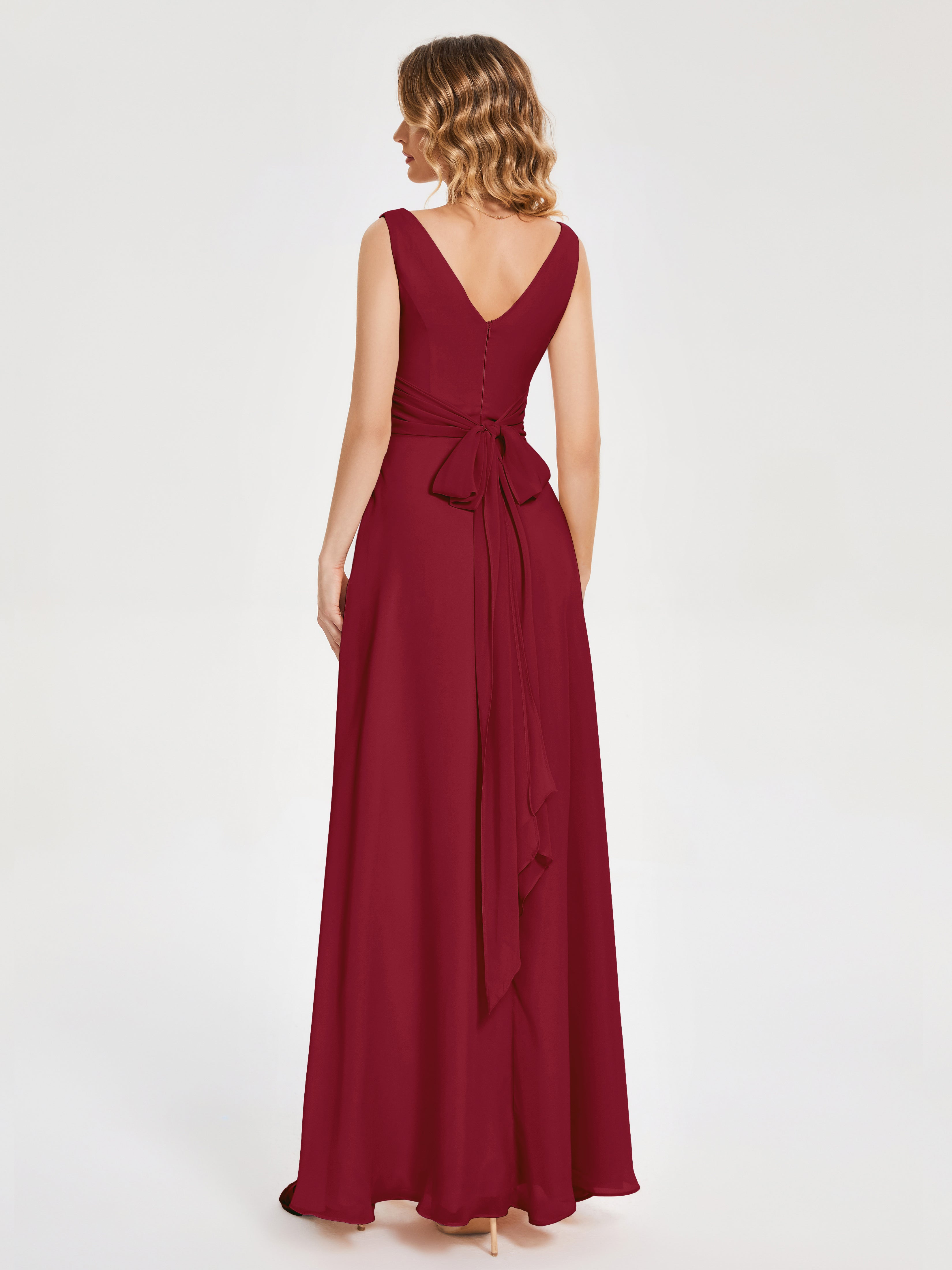Robe Demoiselle Dhonneur Bordeaux Bretelles Fendue Col V Mousseline Robes Demoiselle D'Honneur