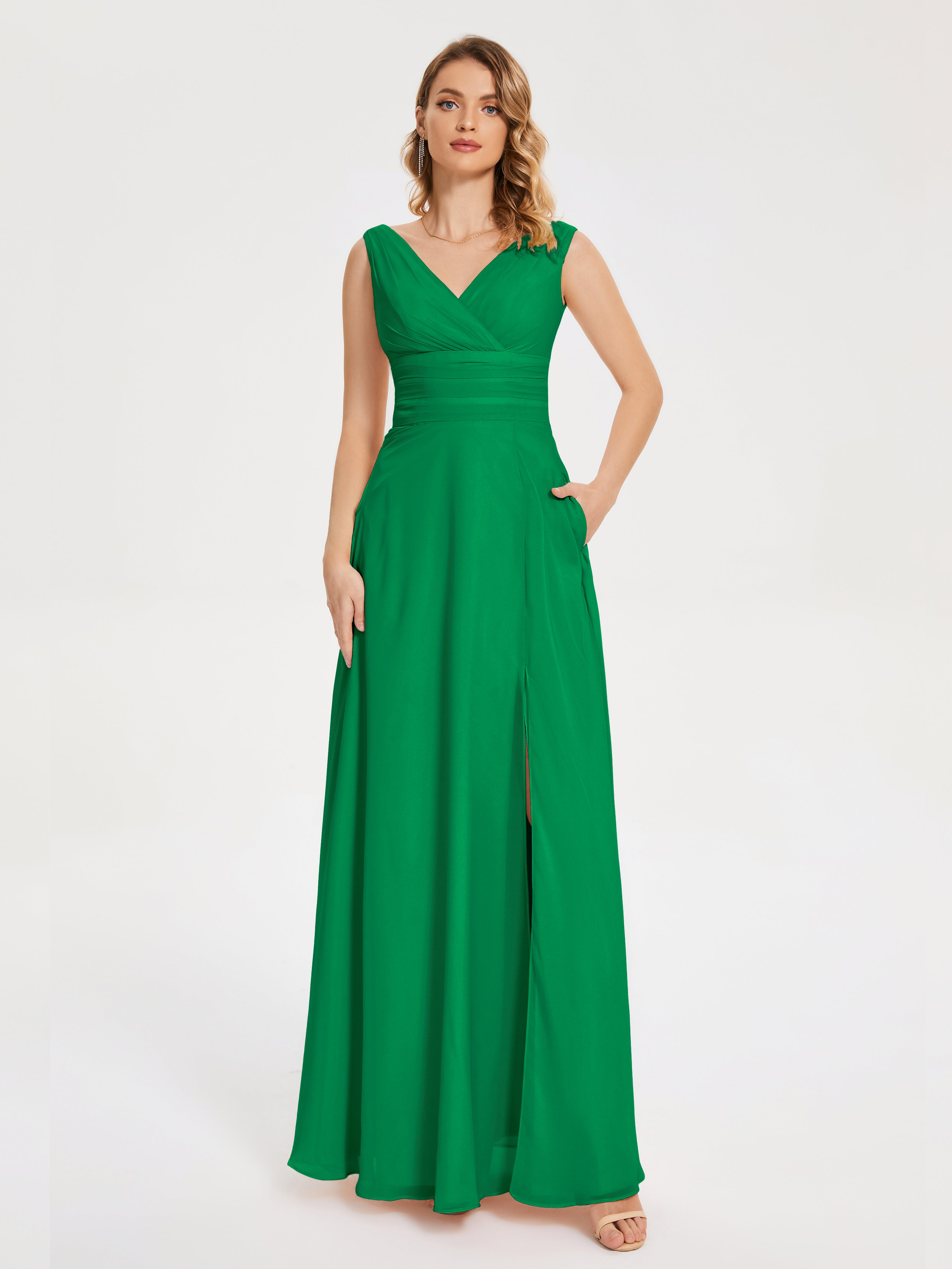 Robe Demoiselle D Honneur Vert Émeraude Bretelles Fendue Col V Mousseline Robes Demoiselle D'Honneur