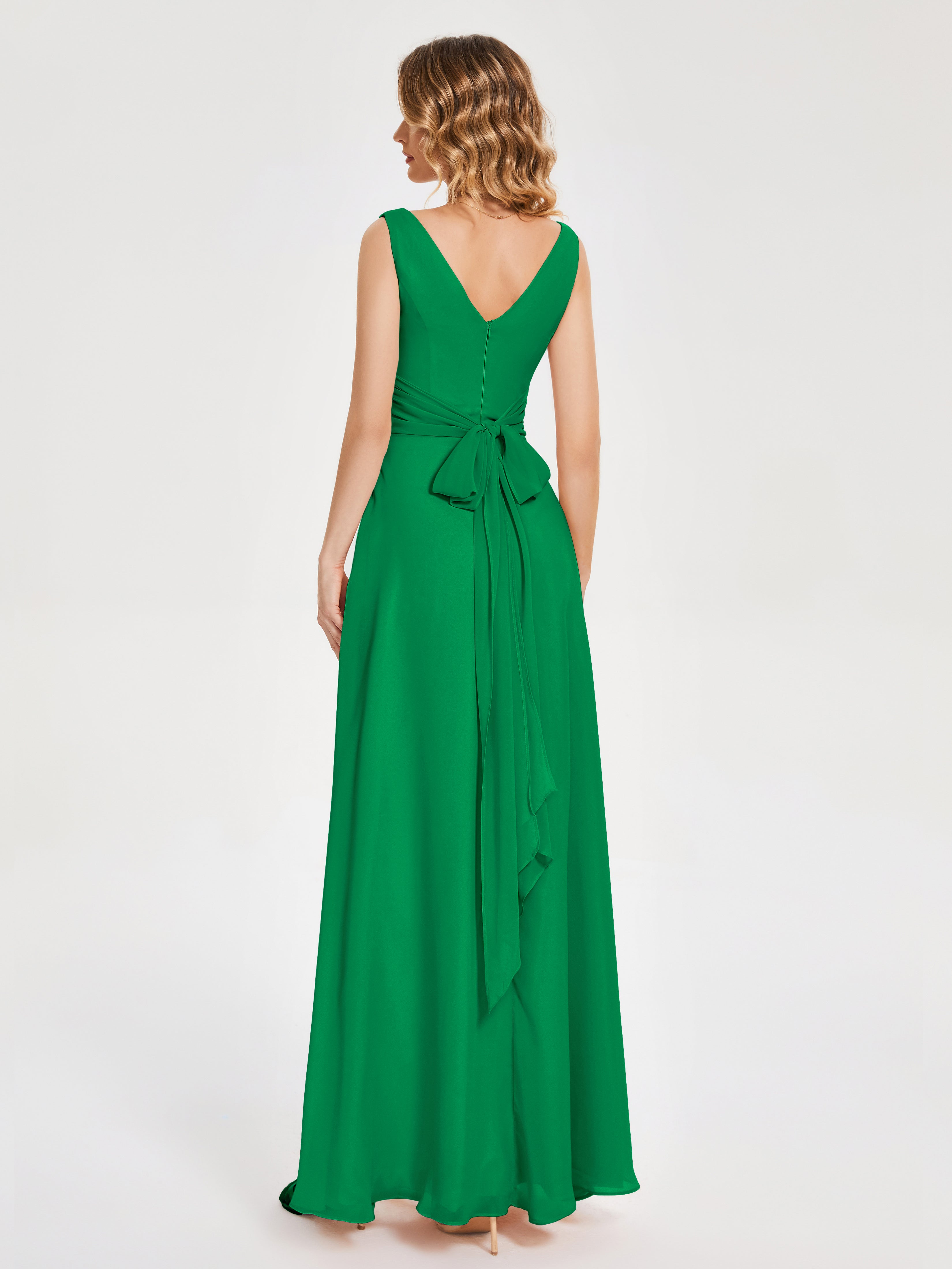 Robe Demoiselle D Honneur Vert Émeraude Bretelles Fendue Col V Mousseline Robes Demoiselle D'Honneur