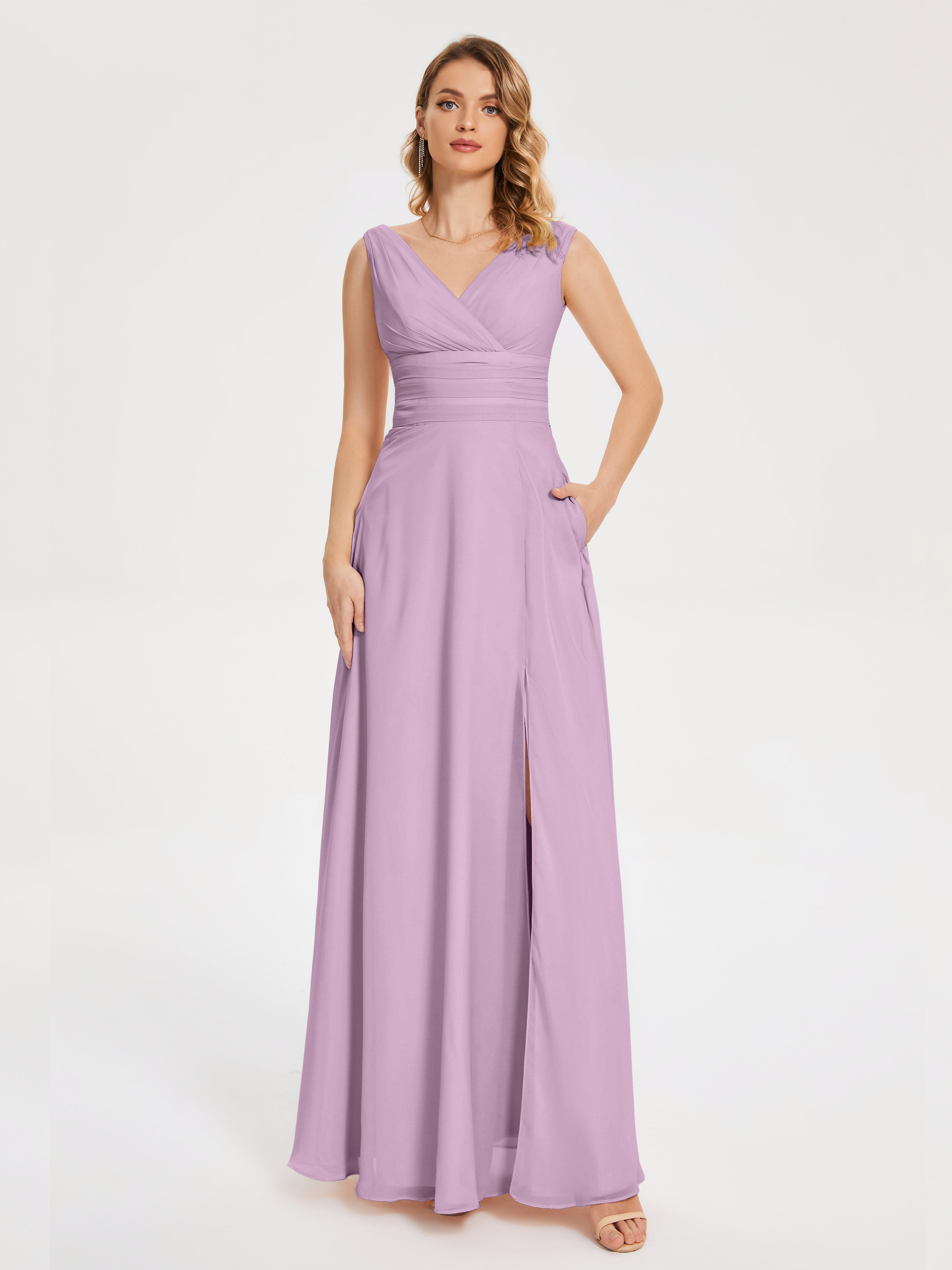 Robes De Demoiselle D'Honneur Glycine Bretelles Fendue Col V Mousseline Robes Demoiselle D'Honneur