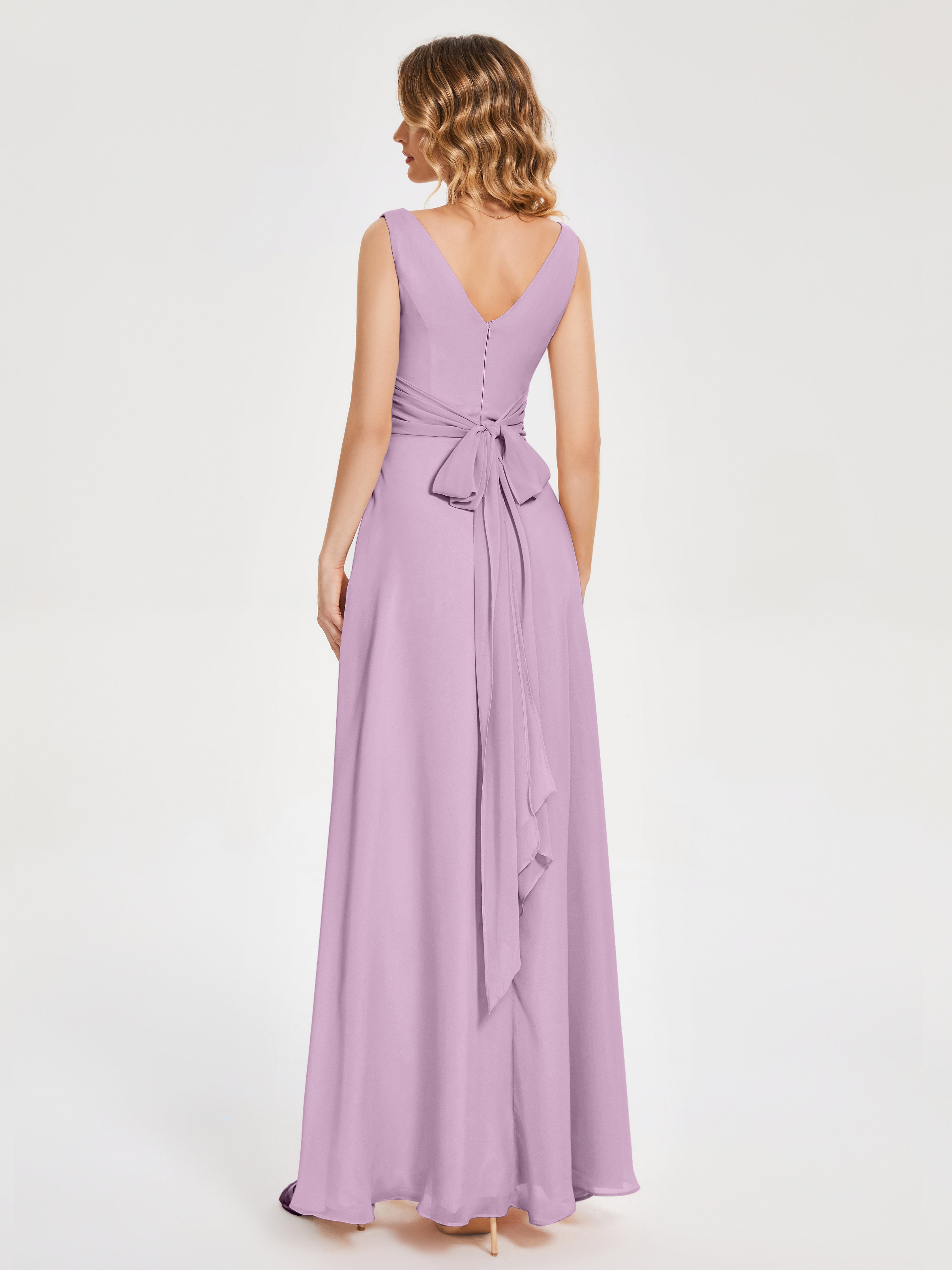 Robes De Demoiselle D'Honneur Glycine Bretelles Fendue Col V Mousseline Robes Demoiselle D'Honneur