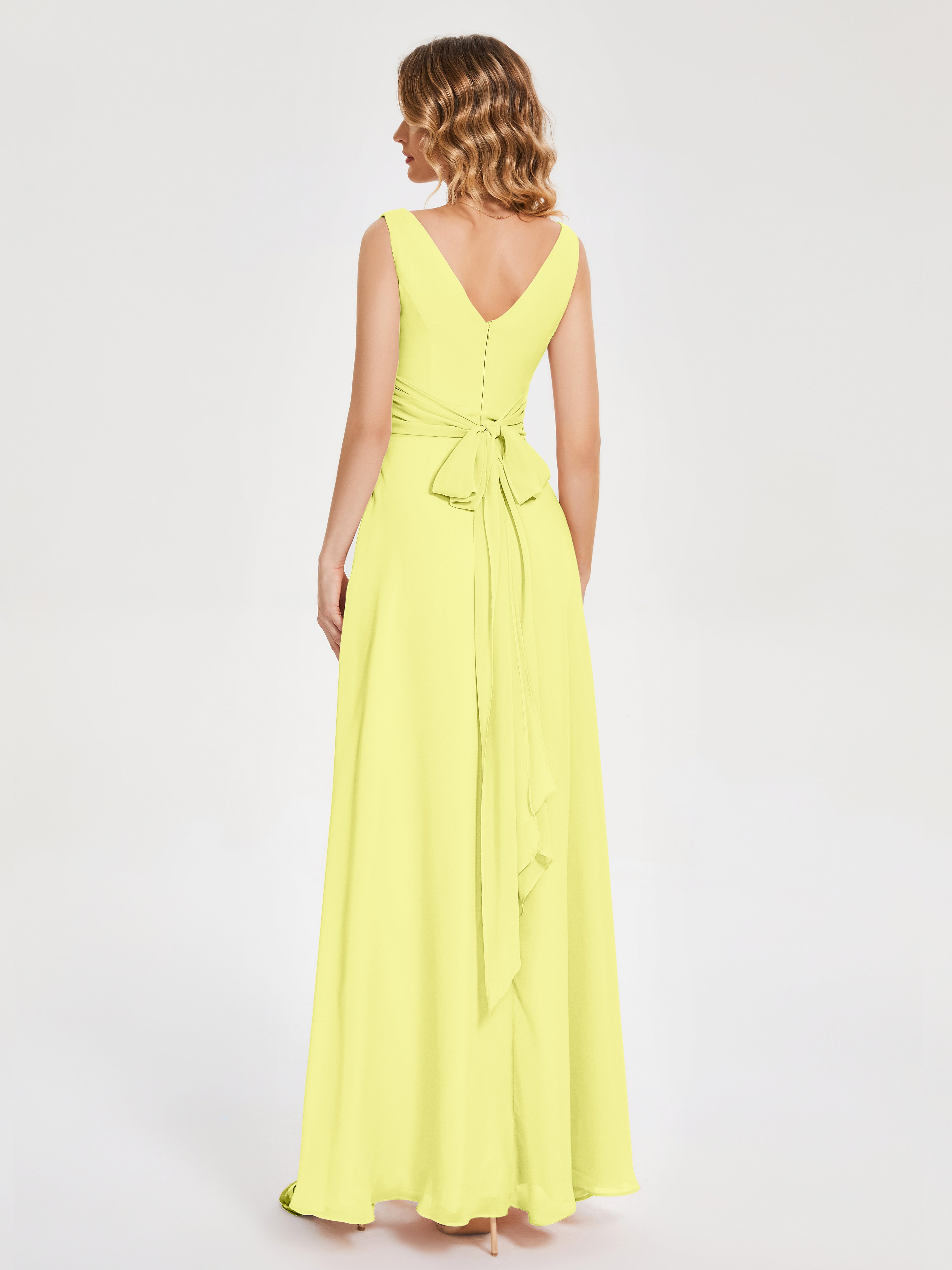 Robes De Demoiselle D'Honneur Jonquille Bretelles Fendue Col V Mousseline Robes Demoiselle D'Honneur