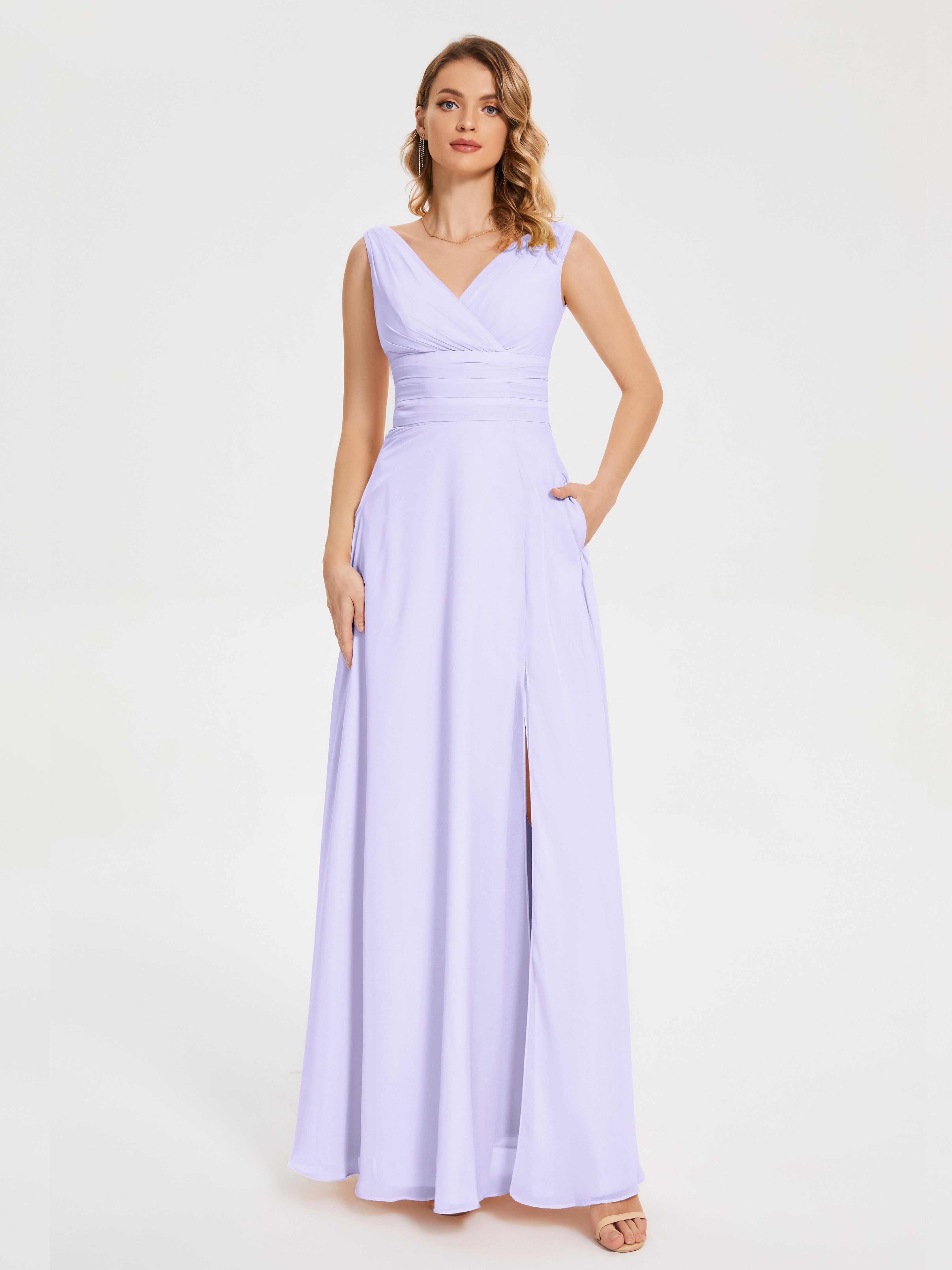 Robe Lilas Demoiselle D Honneur Bretelles Fendue Col V Mousseline Robes Demoiselle D'Honneur