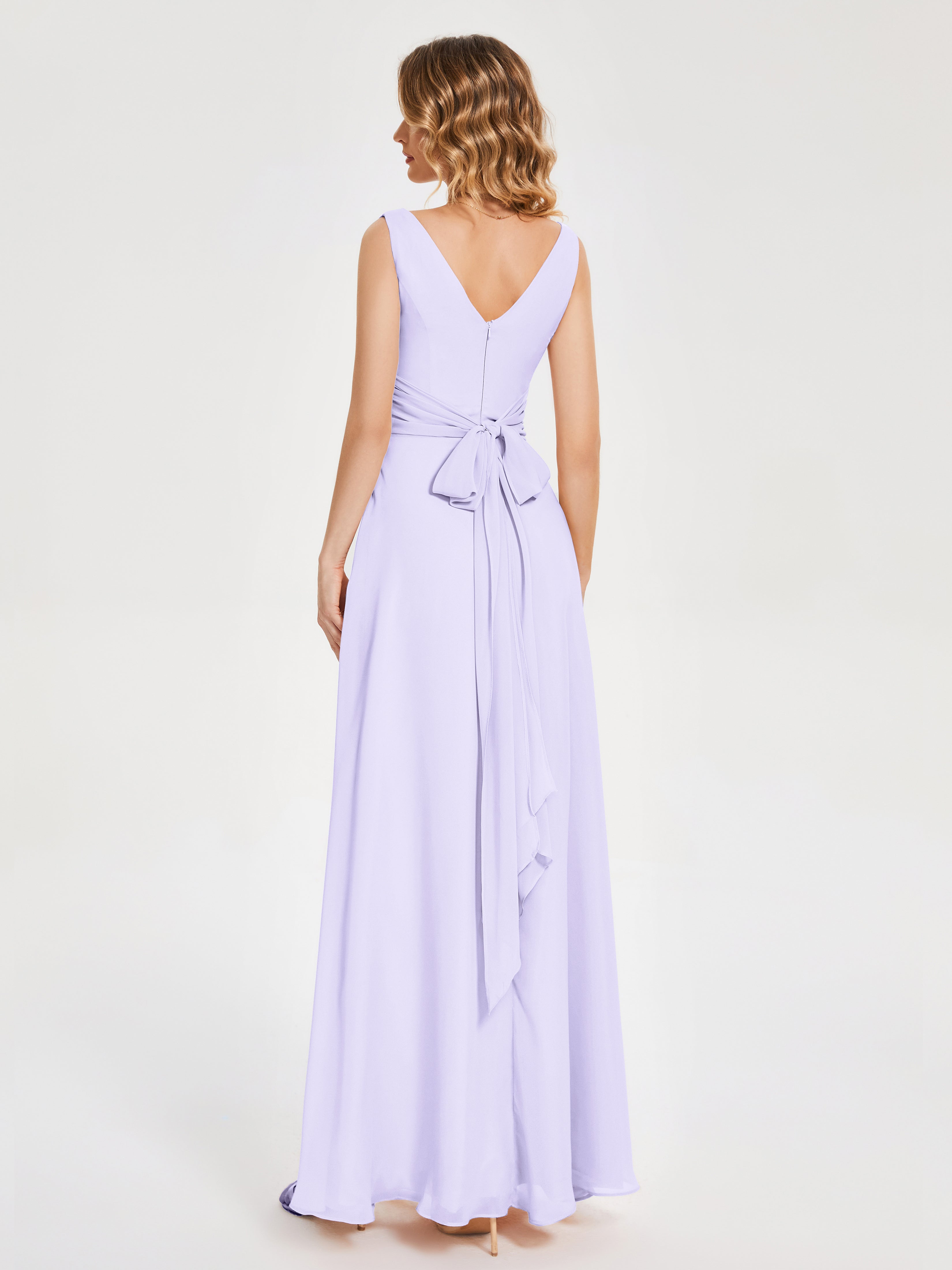 Robe Lilas Demoiselle D Honneur Bretelles Fendue Col V Mousseline Robes Demoiselle D'Honneur