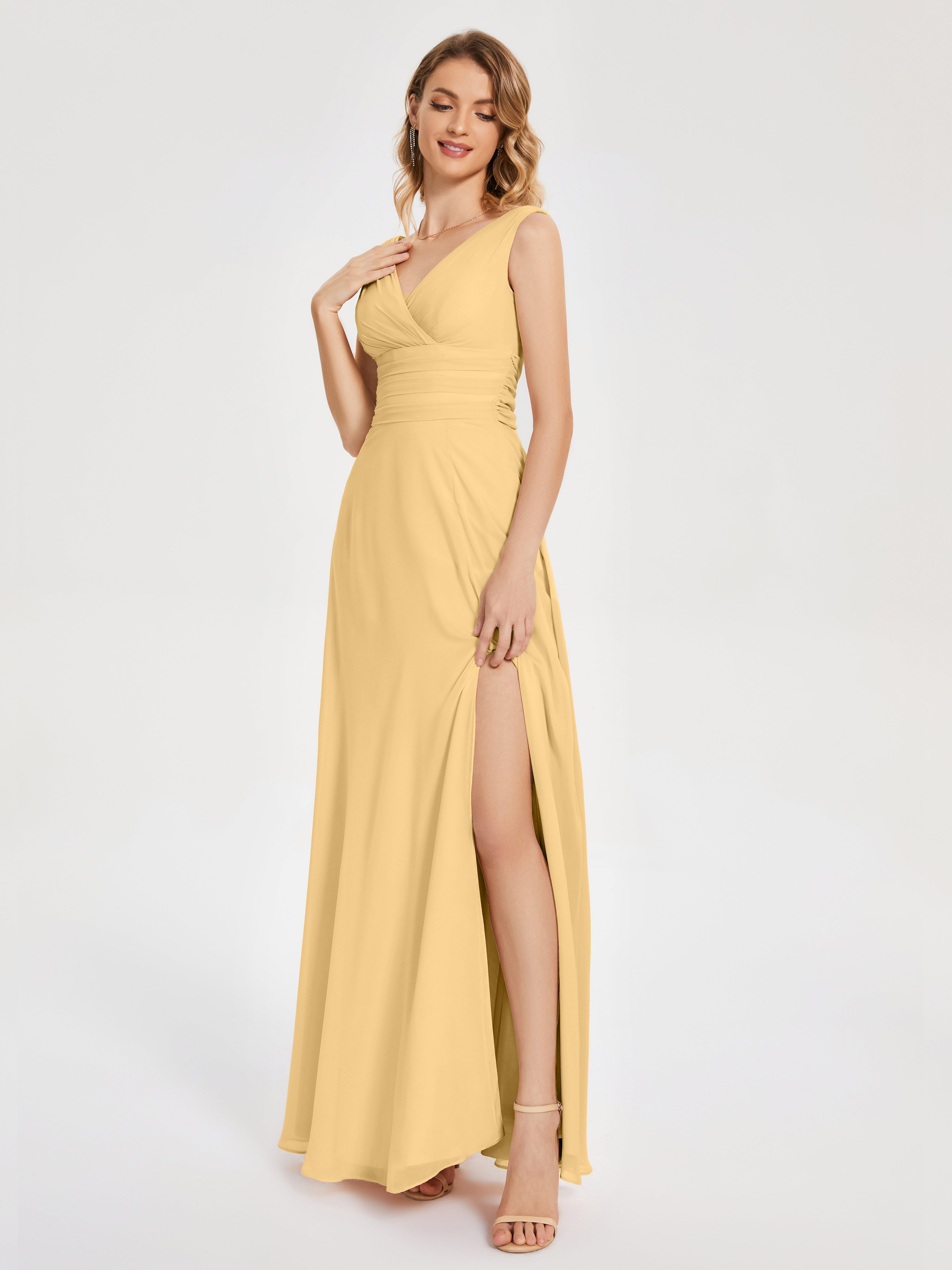 Robe Or Demoiselle D Honneur Bretelles Fendue Col V Mousseline Robes Demoiselle D'Honneur