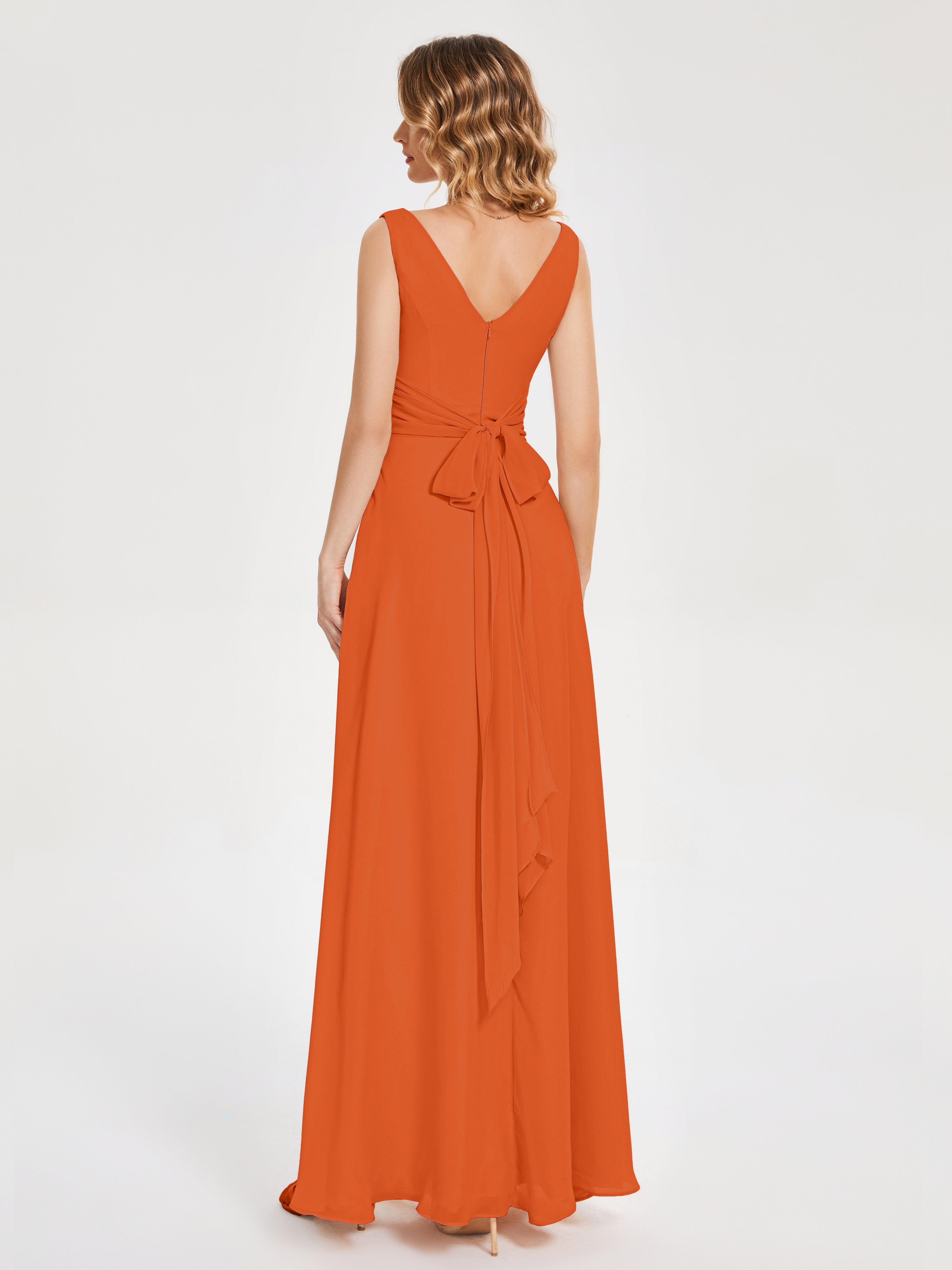 Robe Demoiselle D Honneur Orange Brulé Bretelles Fendue Col V Mousseline Robes Demoiselle D'Honneur