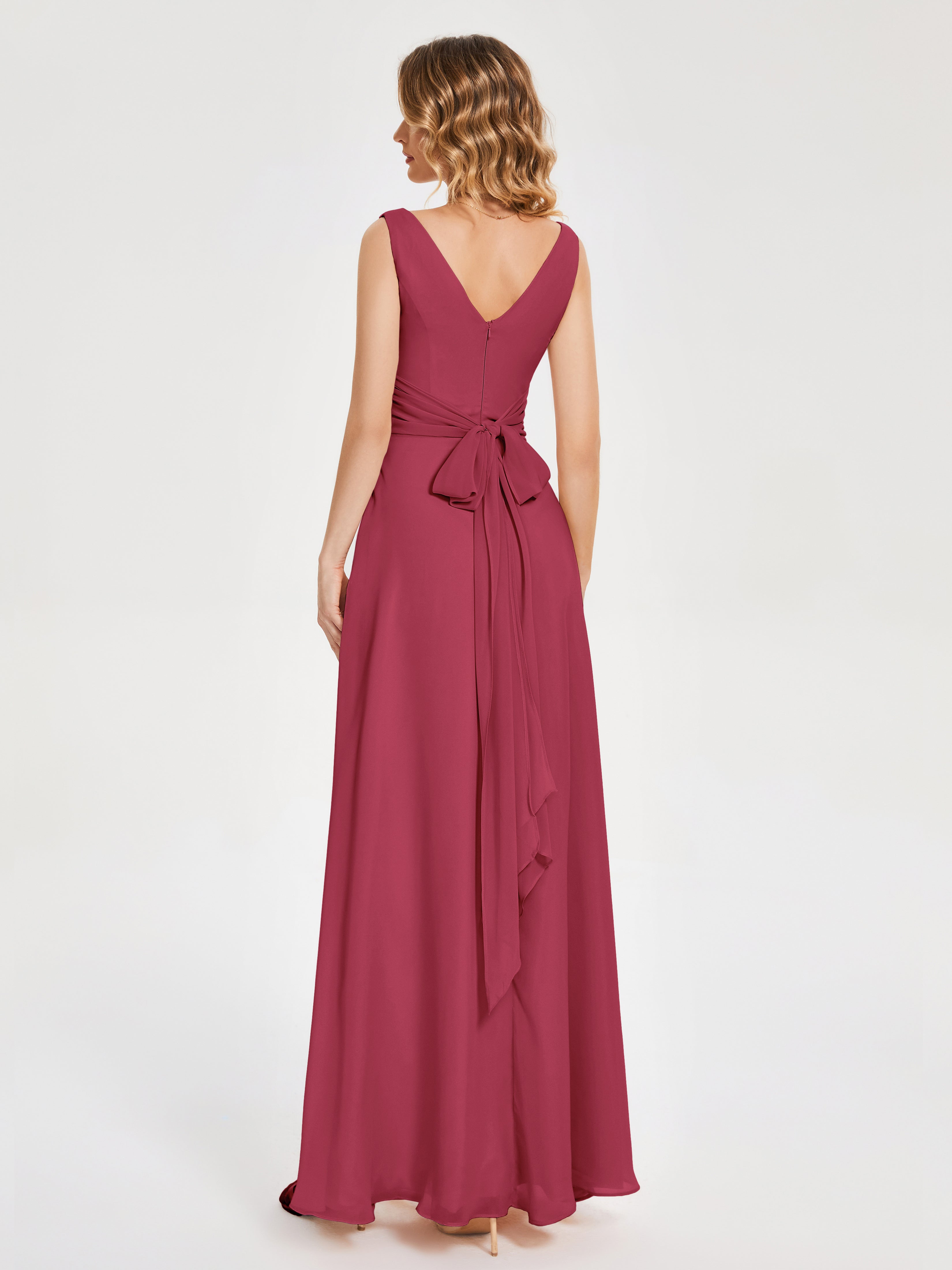 Robe Demoiselle D Honneur Rose Cannelle Bretelles Fendue Col V Mousseline Robes Demoiselle D'Honneur