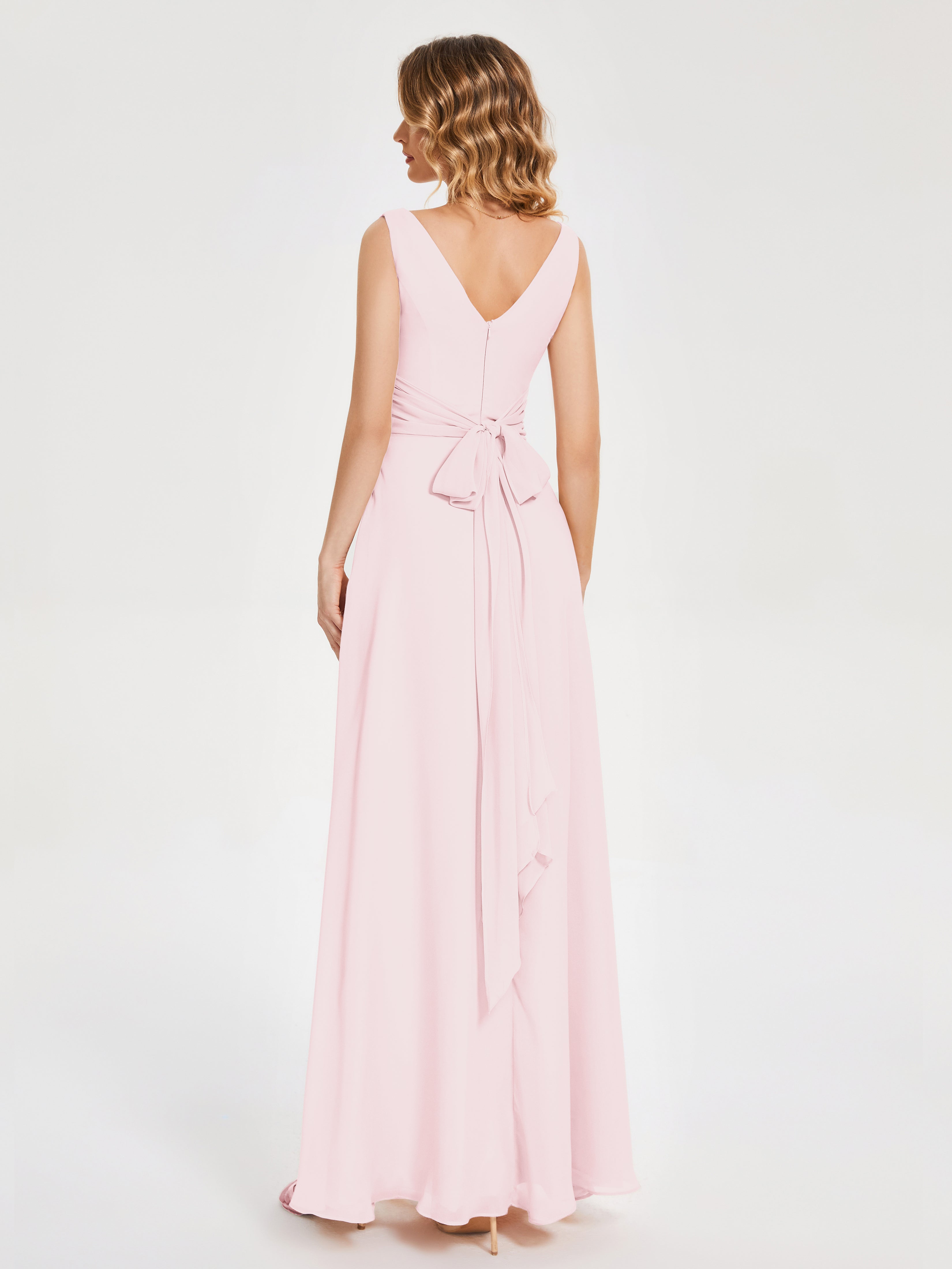 Robe Demoiselle Honneur Rose Pale Bretelles Fendue Col V Mousseline Robes Demoiselle D'Honneur