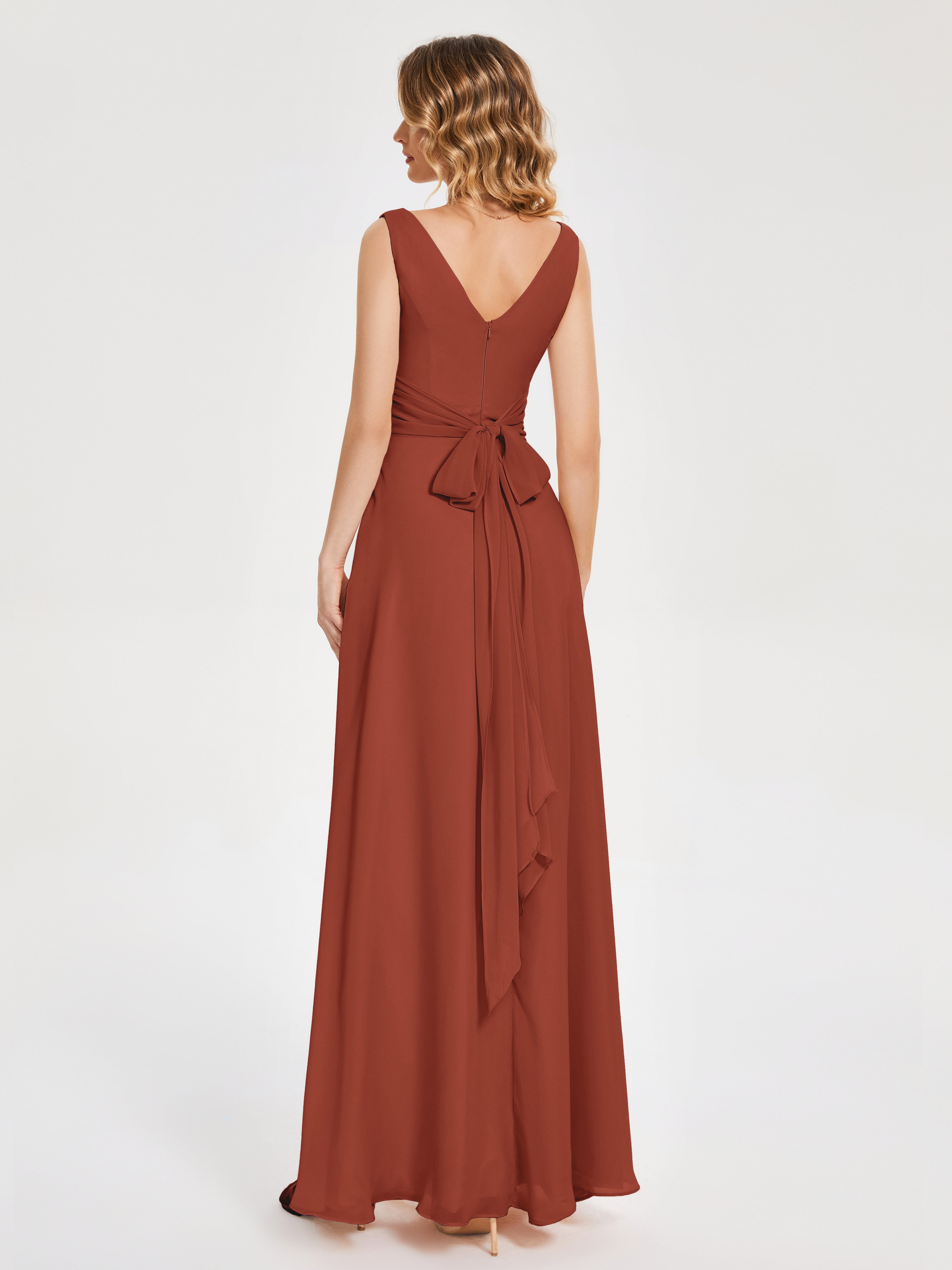 Robe Demoiselle D Honneur Couleur Rouille Bretelles Fendue Col V Mousseline Robes Demoiselle D'Honneur