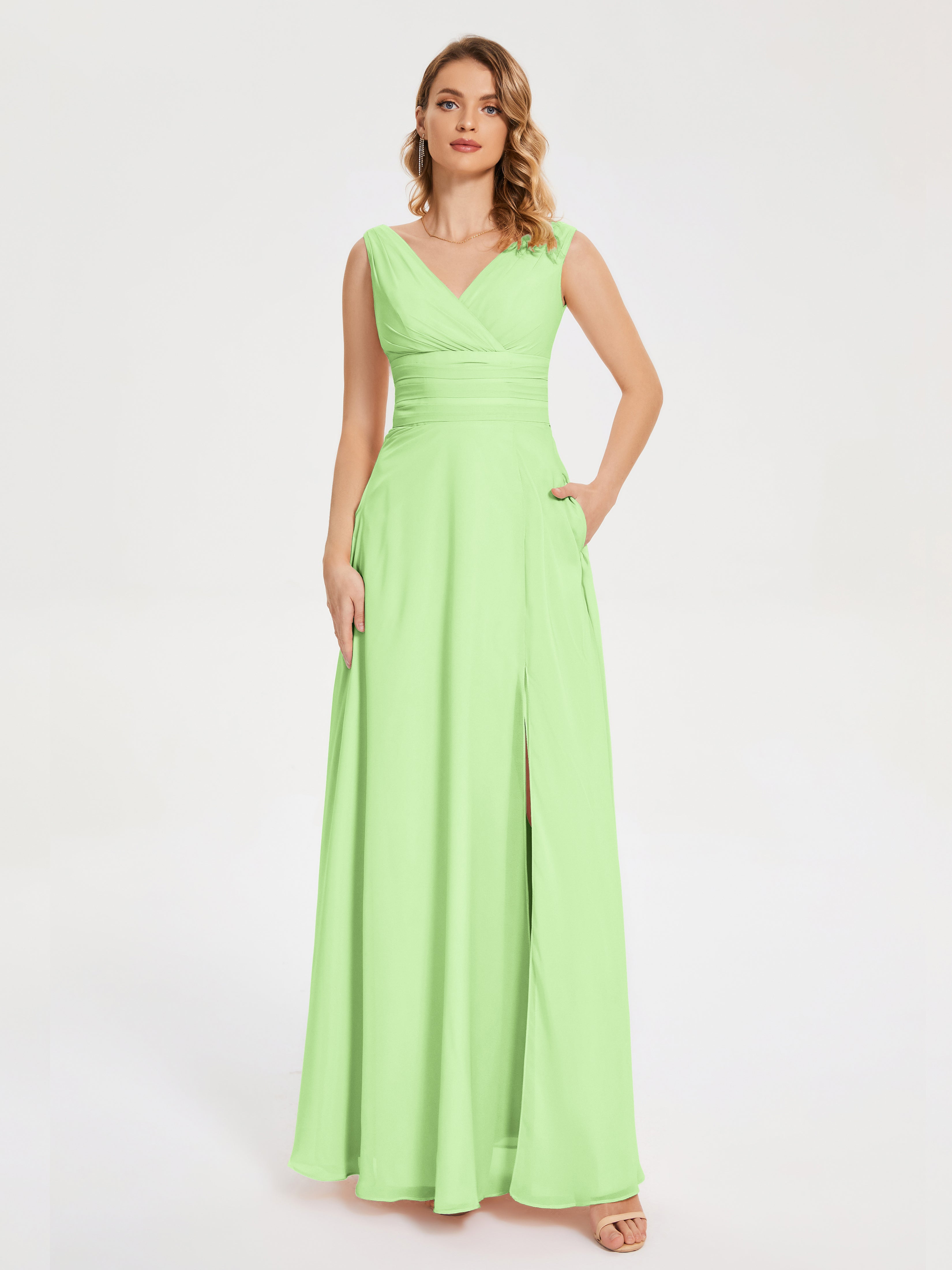 Robe Demoiselle Vert Sauge Bretelles Fendue Col V Mousseline Robes Demoiselle D'Honneur