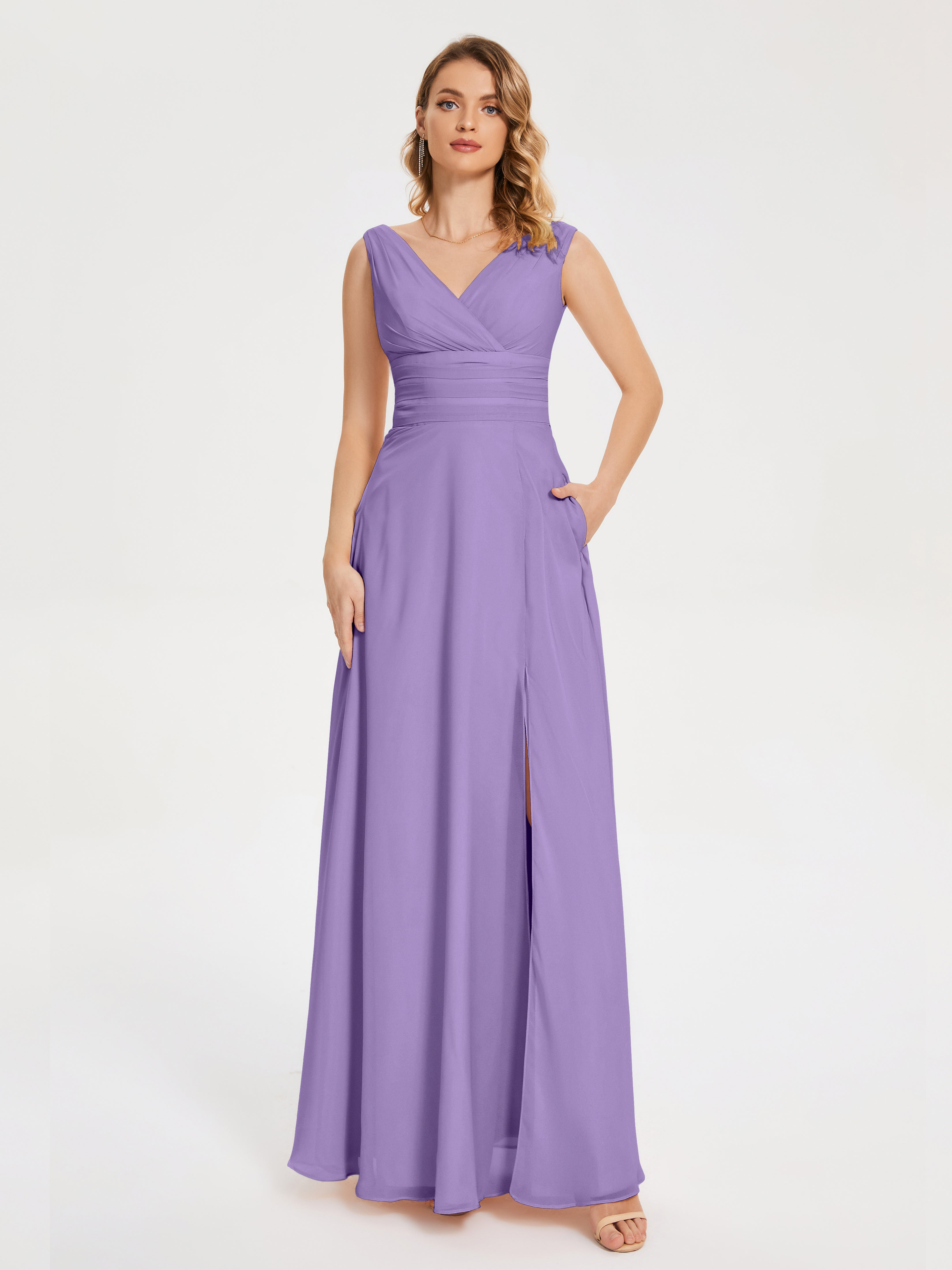 Robes De Demoiselle D'Honneur Tahiti Bretelles Fendue Col V Mousseline Robes Demoiselle D'Honneur