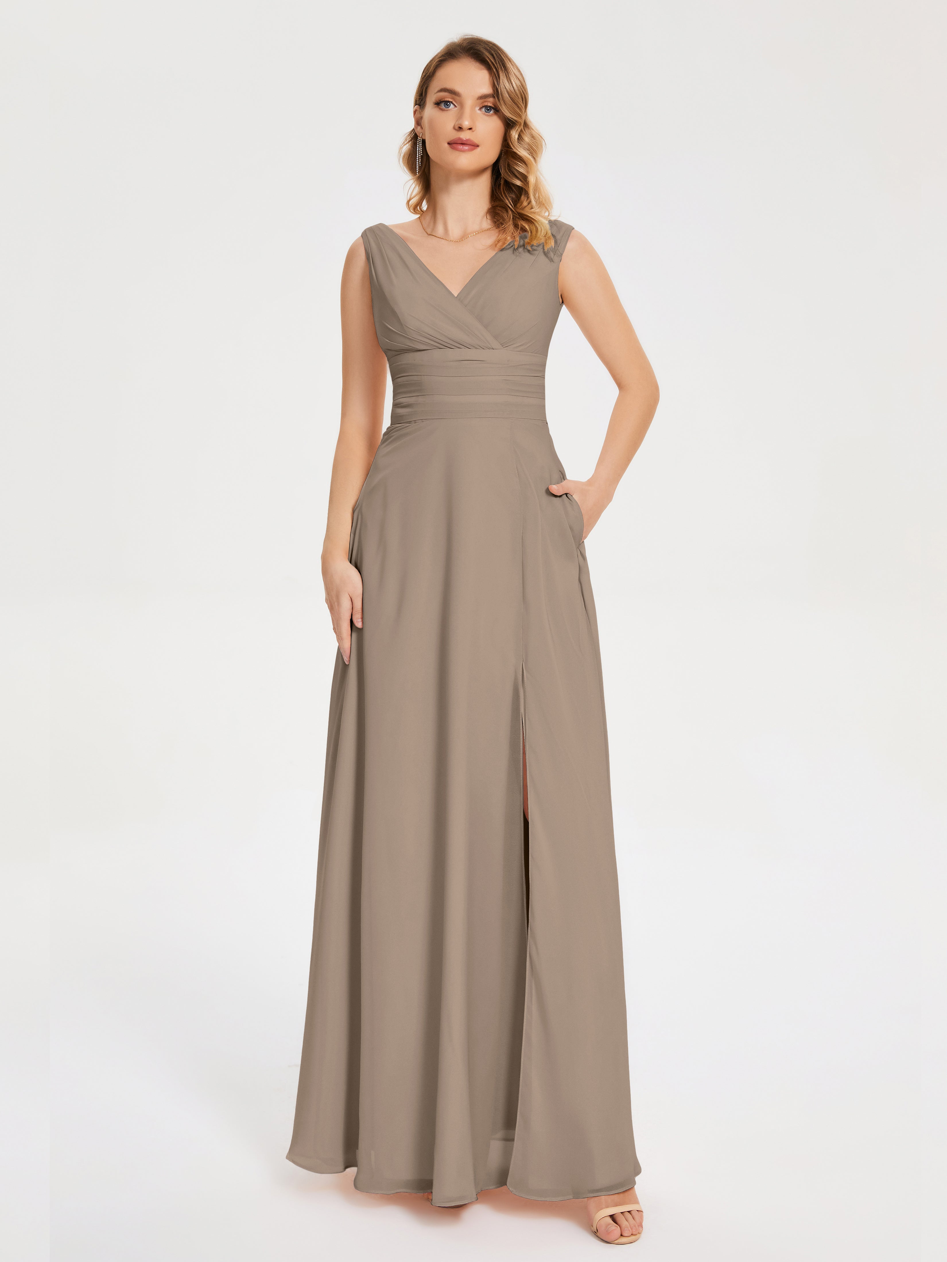 Robe De Couleur Taupe Bretelles Fendue Col V Mousseline Robes Demoiselle D'Honneur