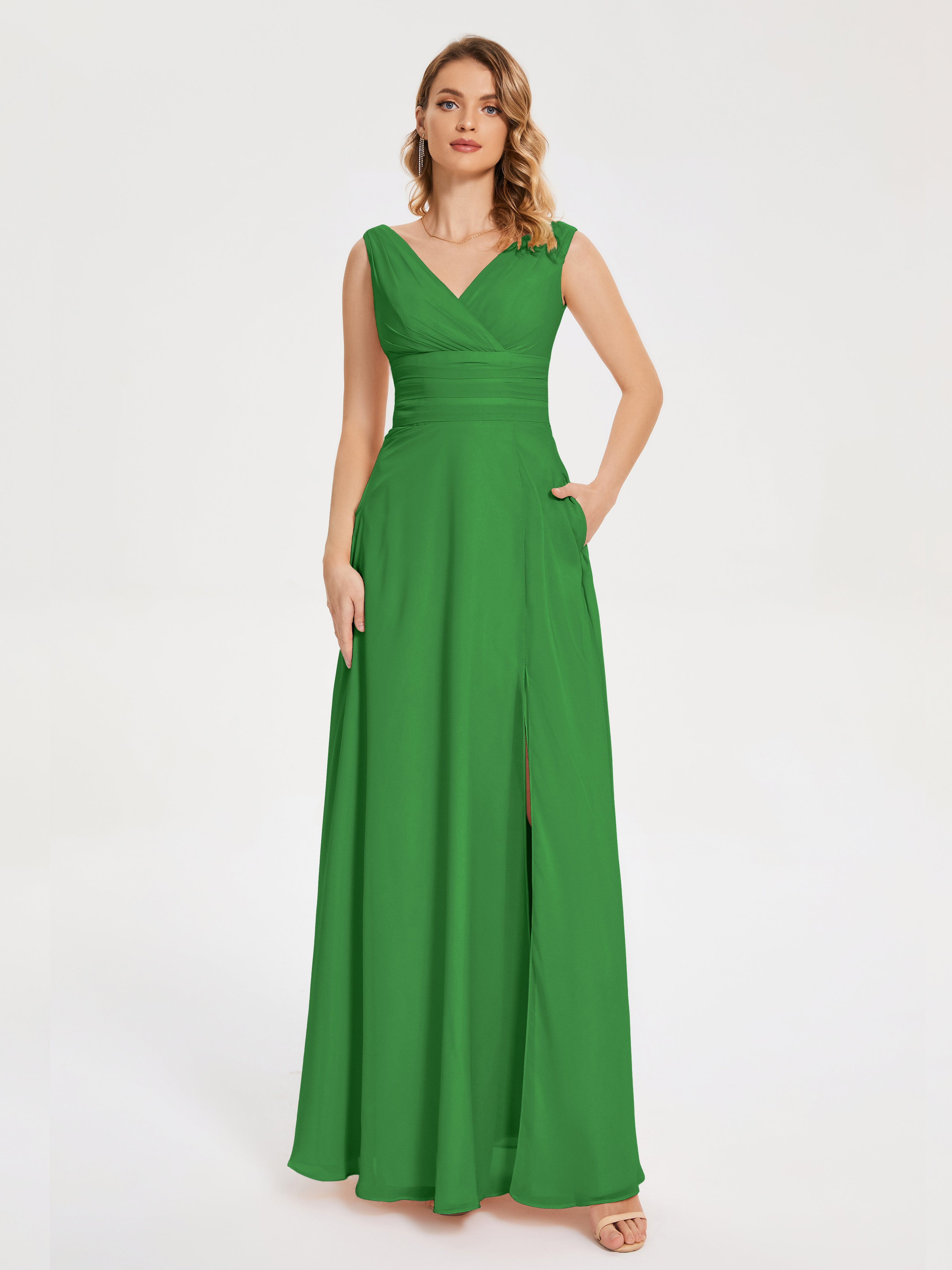 Robe Demoiselle Dhonneur Verte Bretelles Fendue Col V Mousseline Robes Demoiselle D'Honneur
