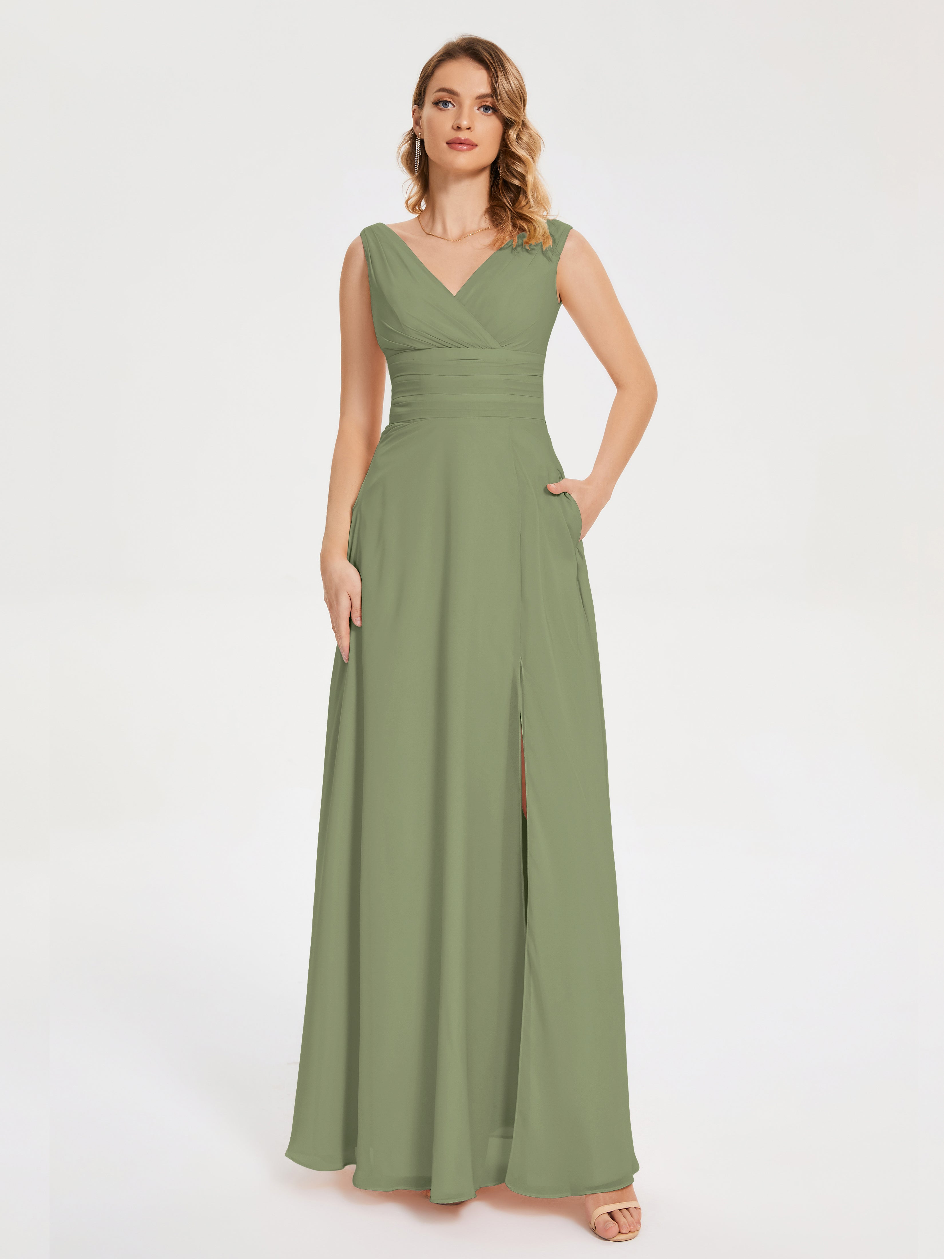 Robe Demoiselle D Honneur Olive Bretelles Fendue Col V Mousseline Robes Demoiselle D'Honneur