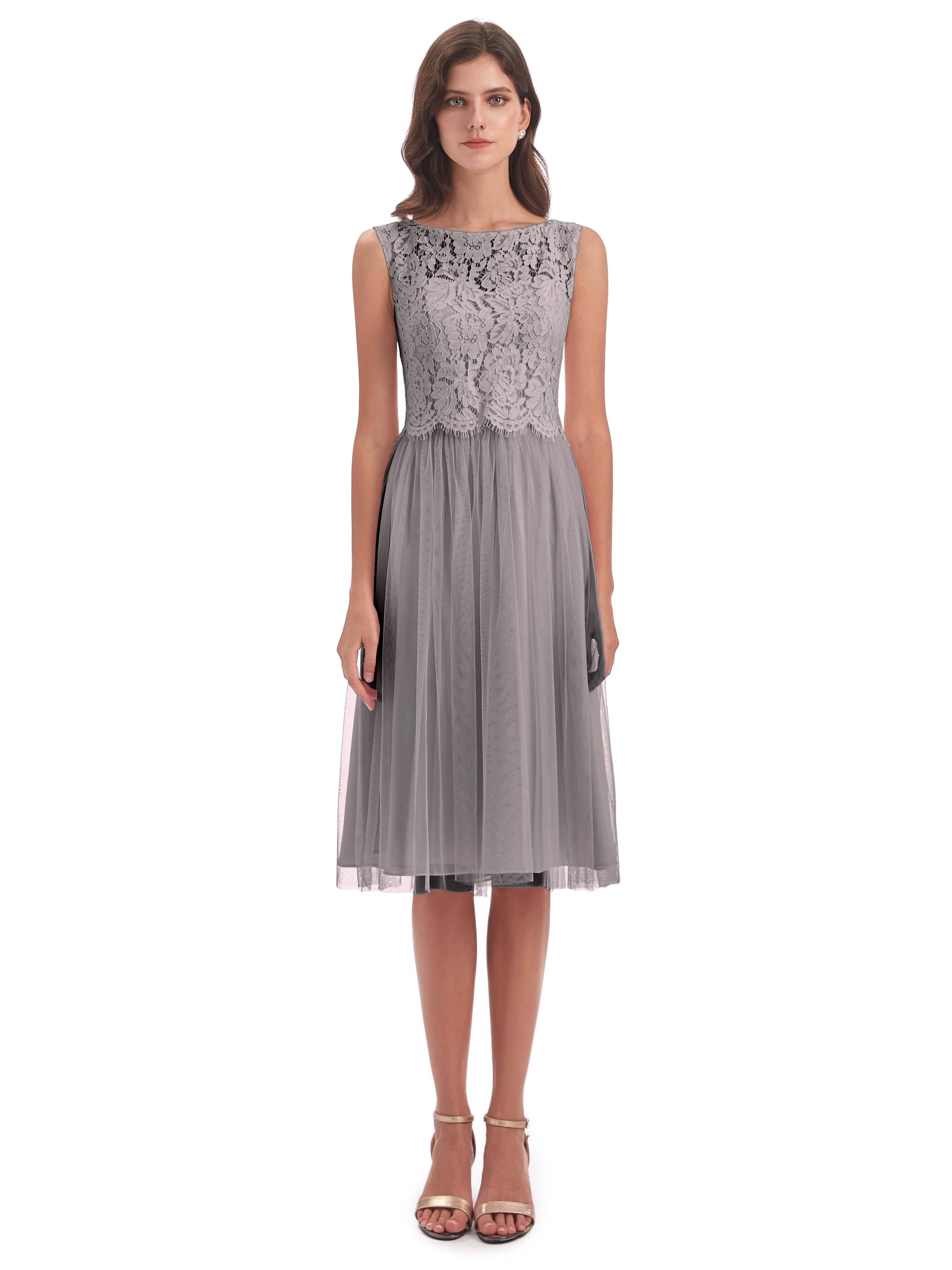 Robe Demoiselle D Honneur Argenté Bateau Longueur Genou Tulle/Dentelle Robes Demoiselle D'Honneur