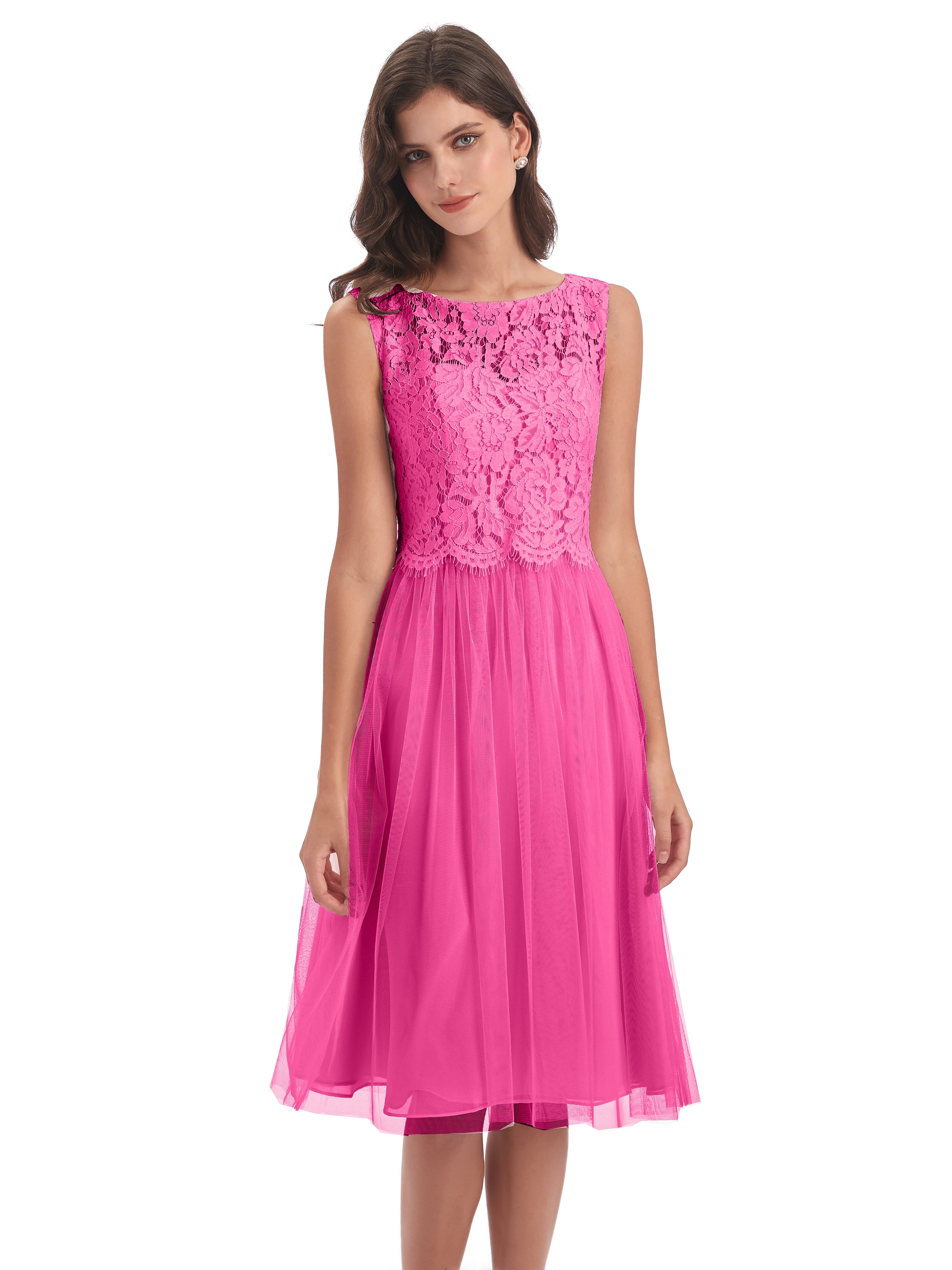 Robe Demoiselle D Honneur En Azalée Bateau Longueur Genou Tulle/Dentelle Robes Demoiselle D'Honneur