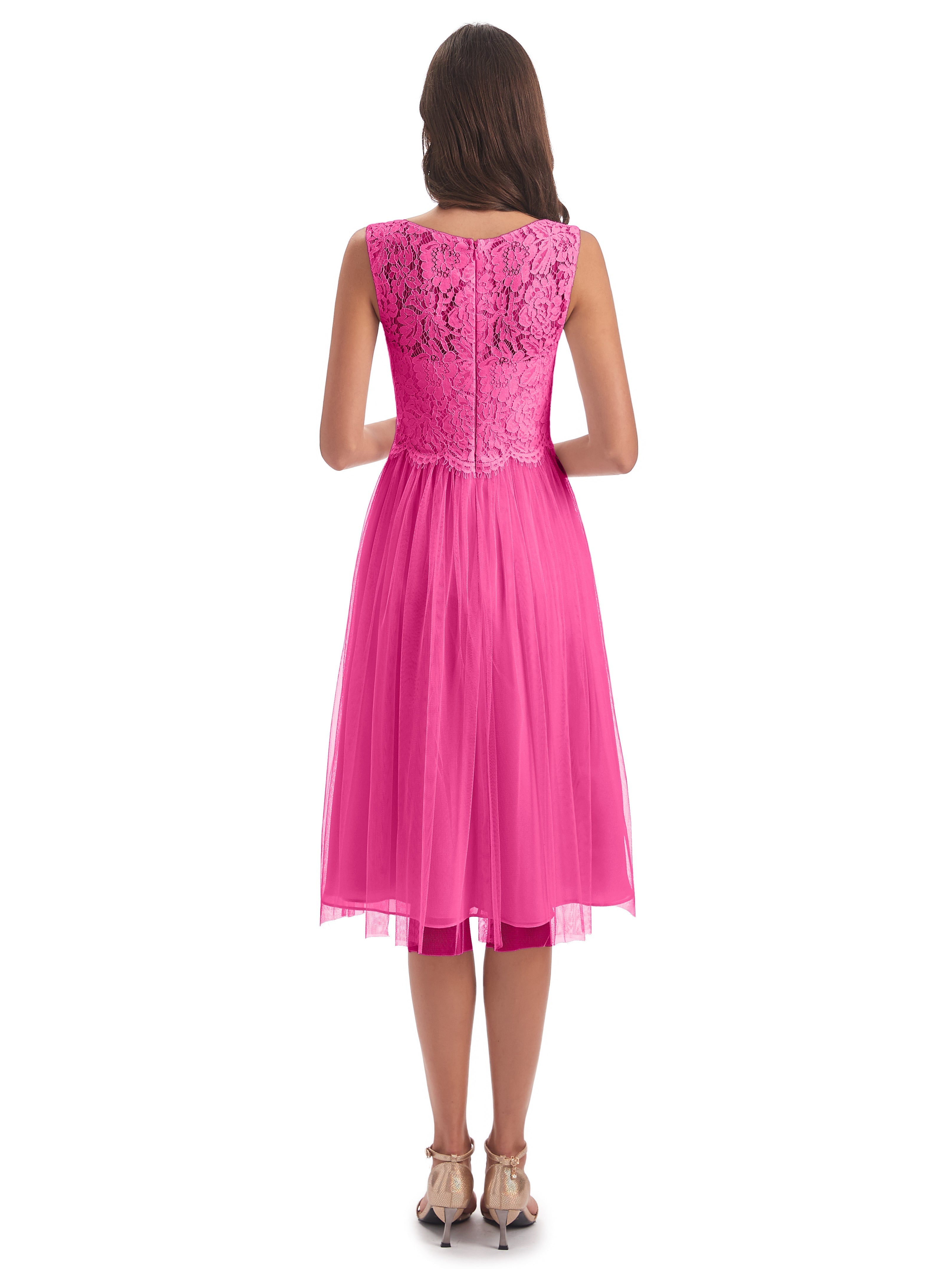 Robe Demoiselle D Honneur En Azalée Bateau Longueur Genou Tulle/Dentelle Robes Demoiselle D'Honneur