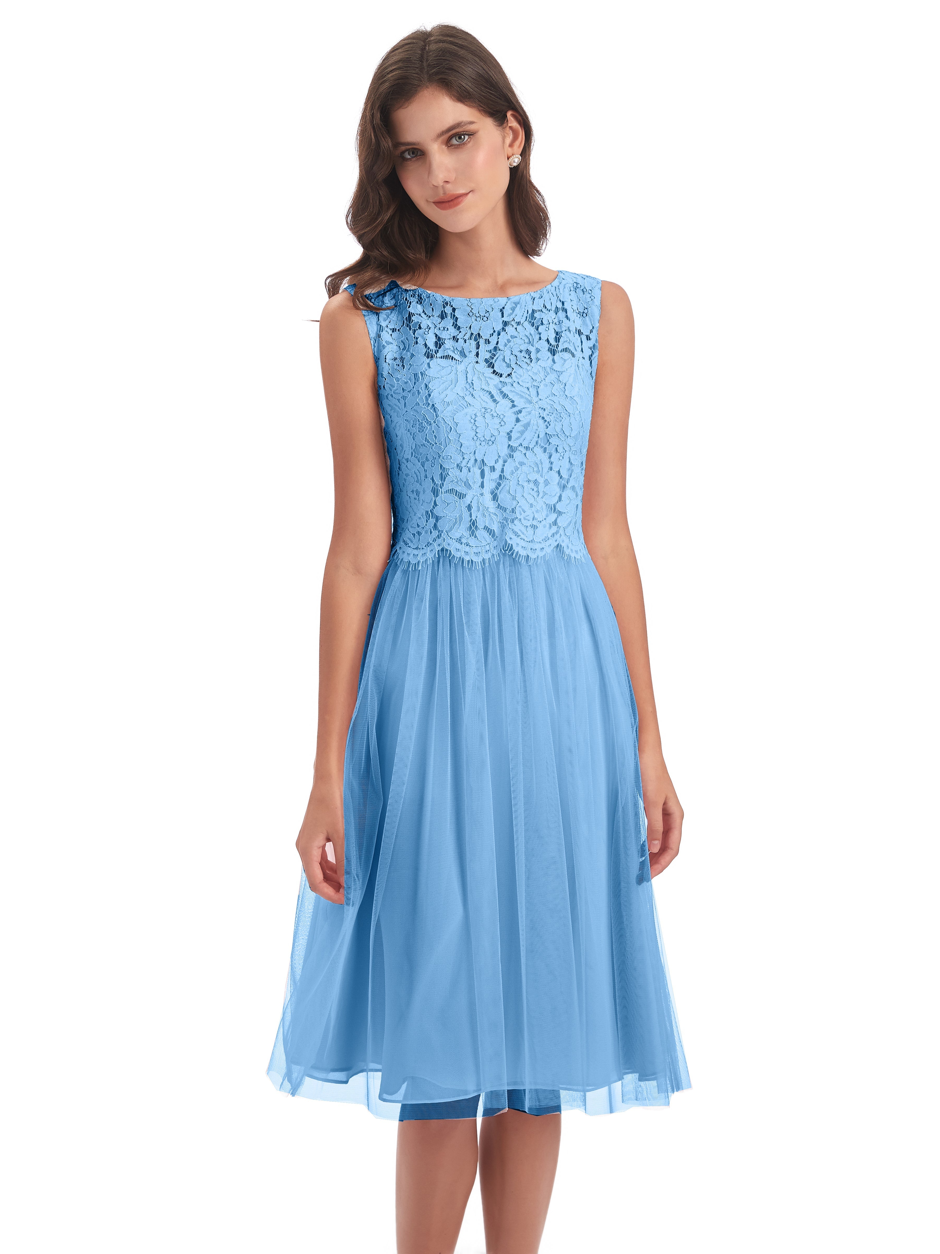 Robes De Demoiselle D'Honneur Bleues Shorts Bateau Longueur Genou Tulle/Dentelle Robes Demoiselle D'Honneur