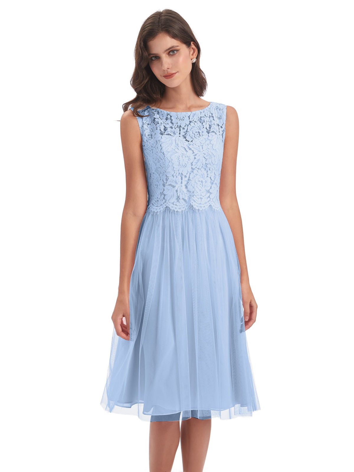 Robe Demoiselle D Honneur Bleu Ciel Bateau Longueur Genou Tulle/Dentelle Robes Demoiselle D'Honneur