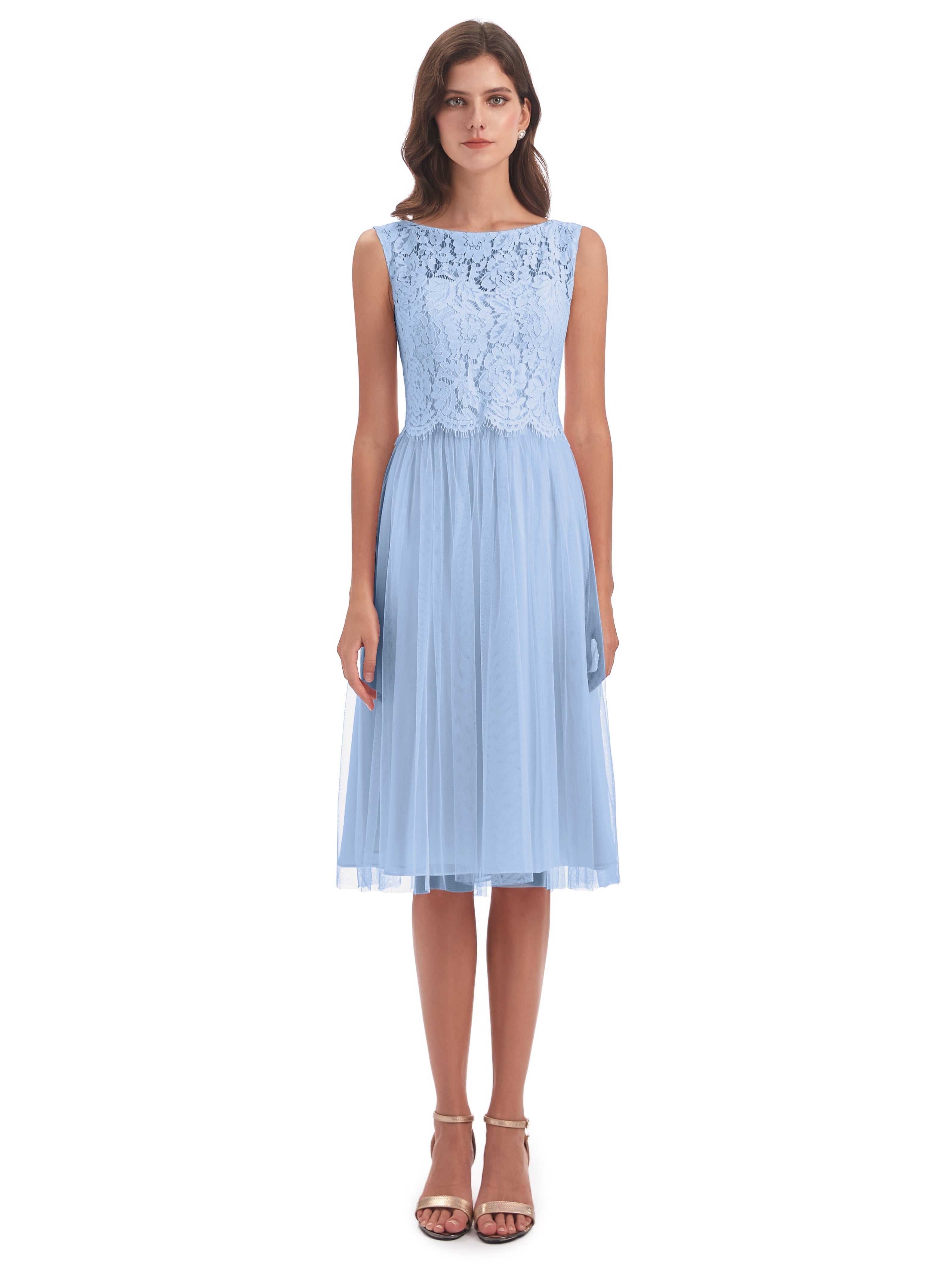 Robe Demoiselle D Honneur Bleu Ciel Bateau Longueur Genou Tulle/Dentelle Robes Demoiselle D'Honneur