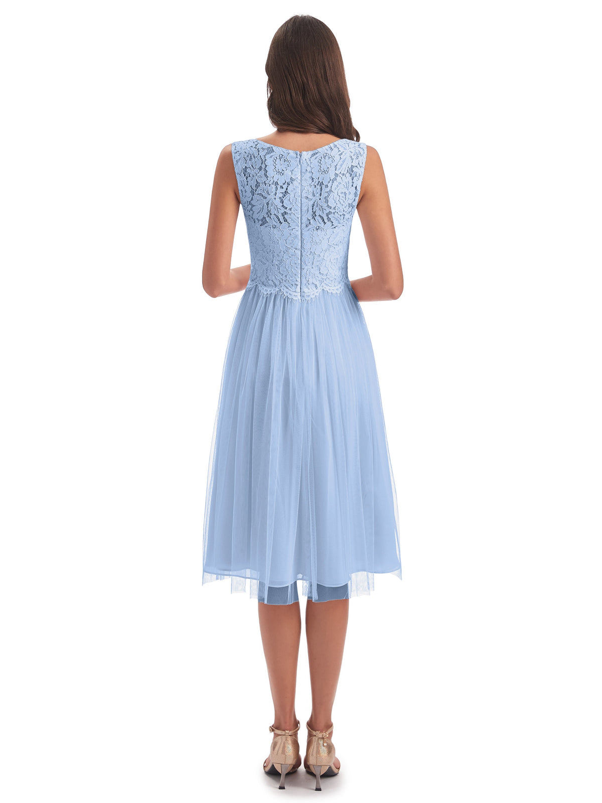 Robe Demoiselle D Honneur Bleu Ciel Bateau Longueur Genou Tulle/Dentelle Robes Demoiselle D'Honneur