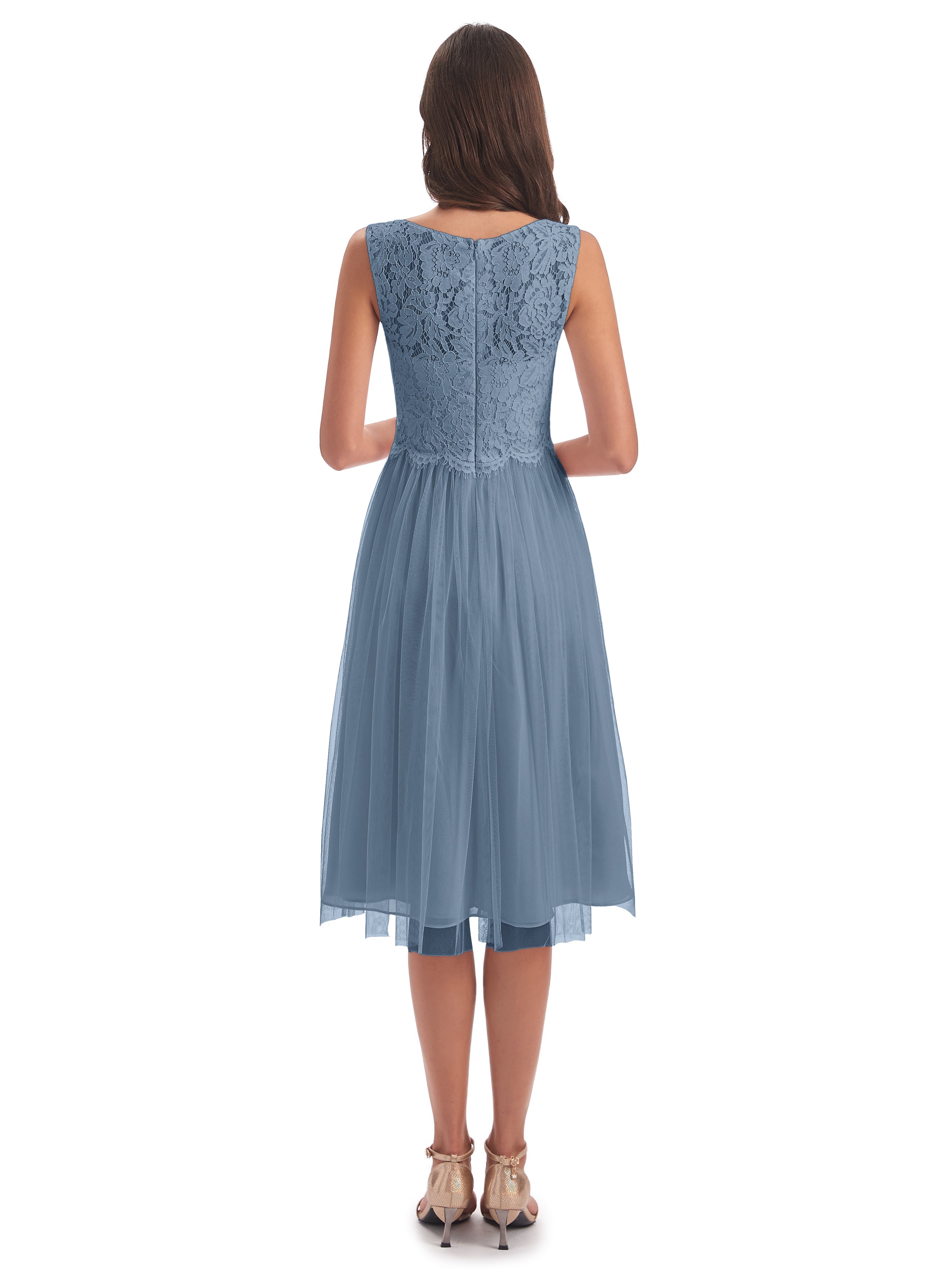Robes De Demoiselle D'Honneur Bleu De Schiste Bateau Longueur Genou Tulle/Dentelle Robes Demoiselle D'Honneur