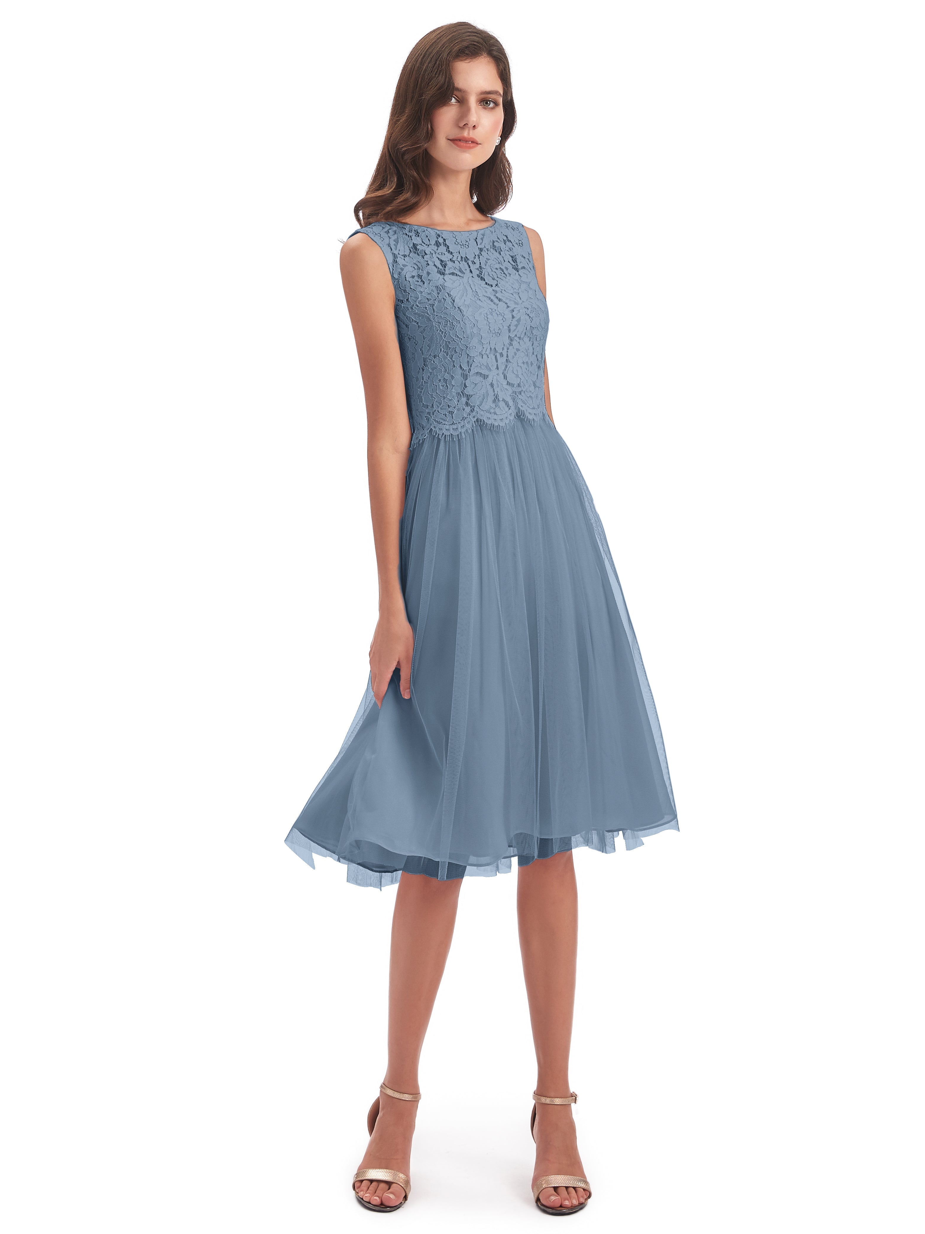 Robes De Demoiselle D'Honneur Bleu De Schiste Bateau Longueur Genou Tulle/Dentelle Robes Demoiselle D'Honneur