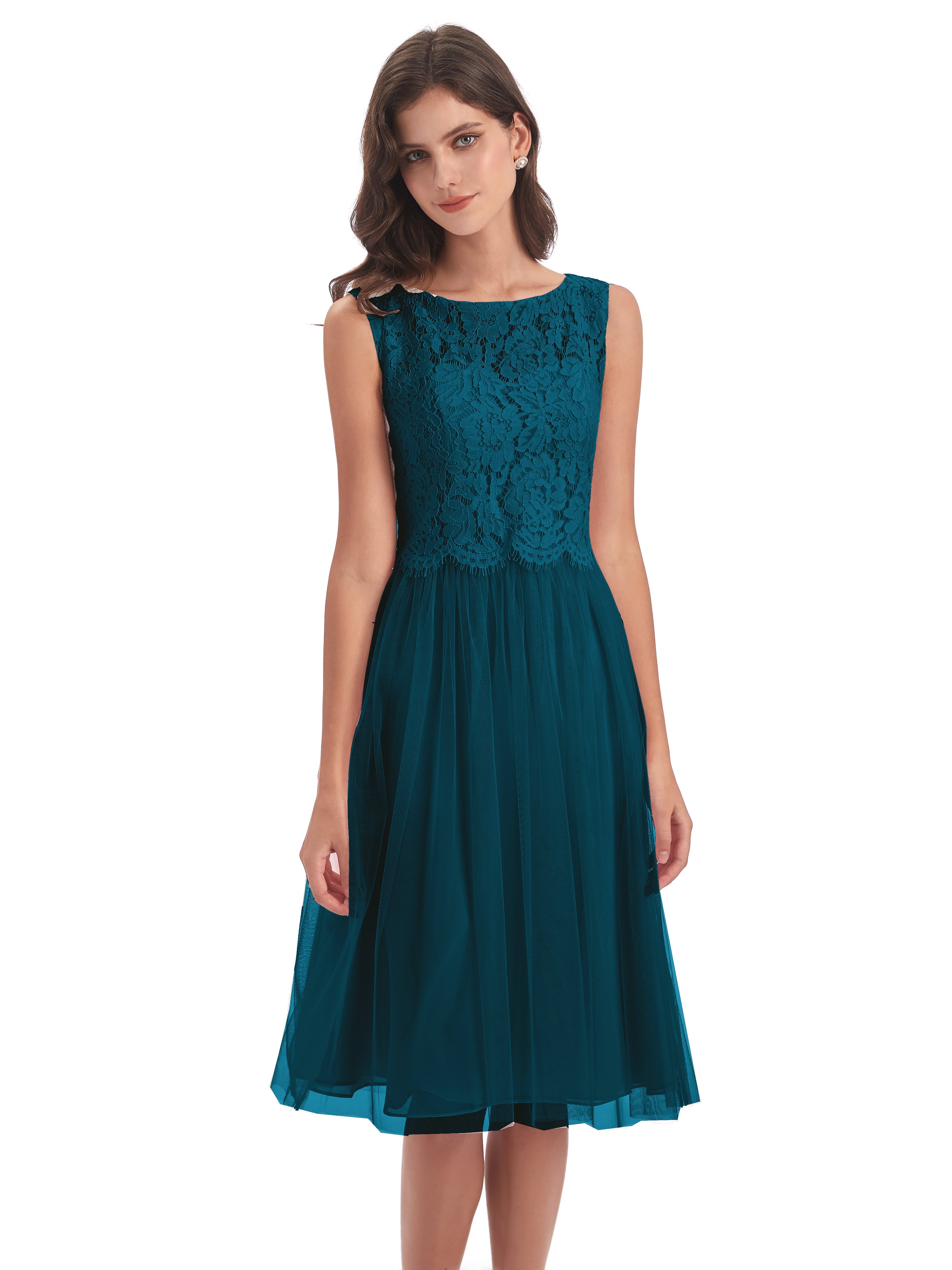 Robes De Demoiselle D'Honneur Bleu Encre Bateau Longueur Genou Tulle/Dentelle Robes Demoiselle D'Honneur