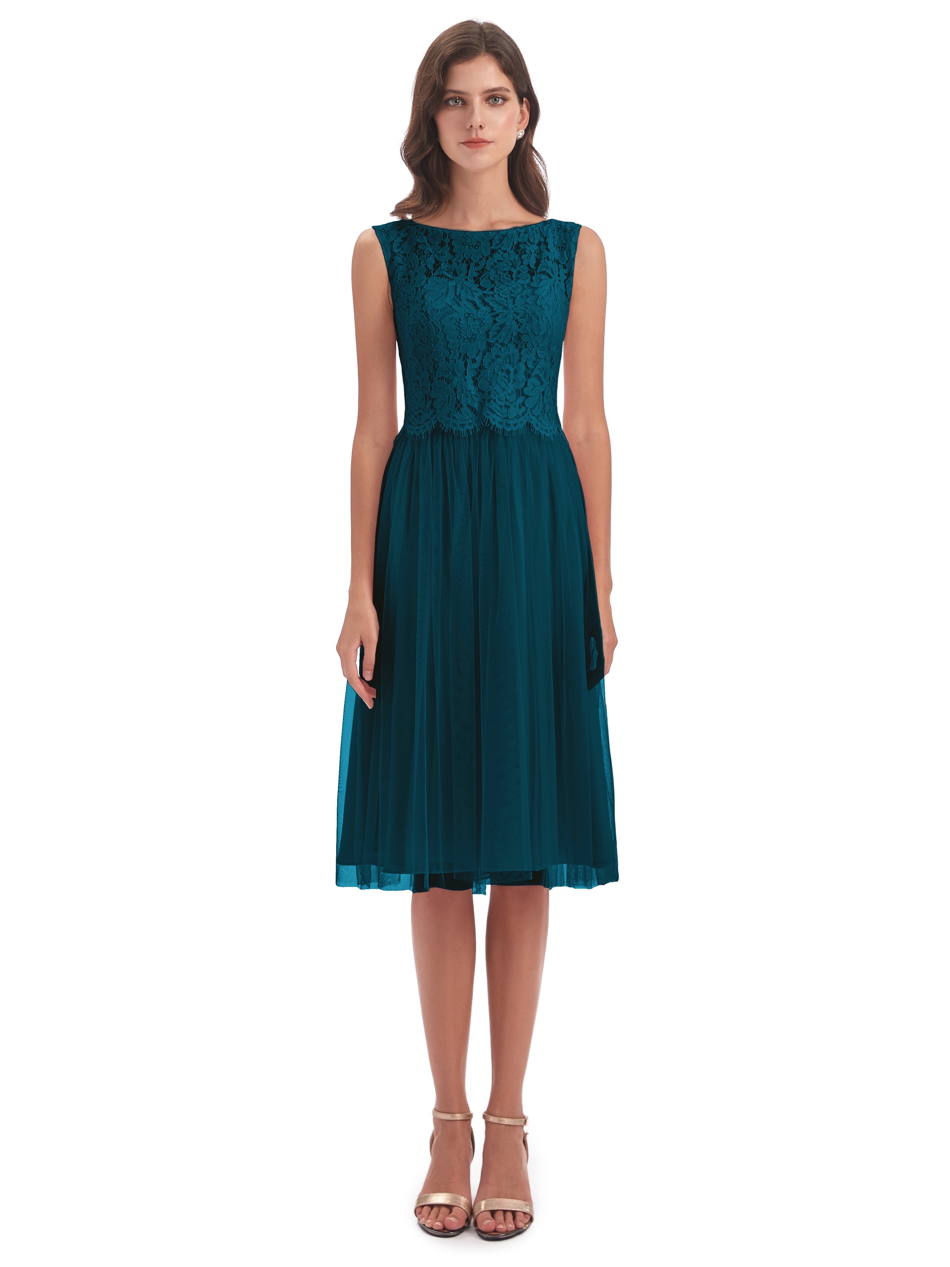 Robes De Demoiselle D'Honneur Bleu Encre Bateau Longueur Genou Tulle/Dentelle Robes Demoiselle D'Honneur