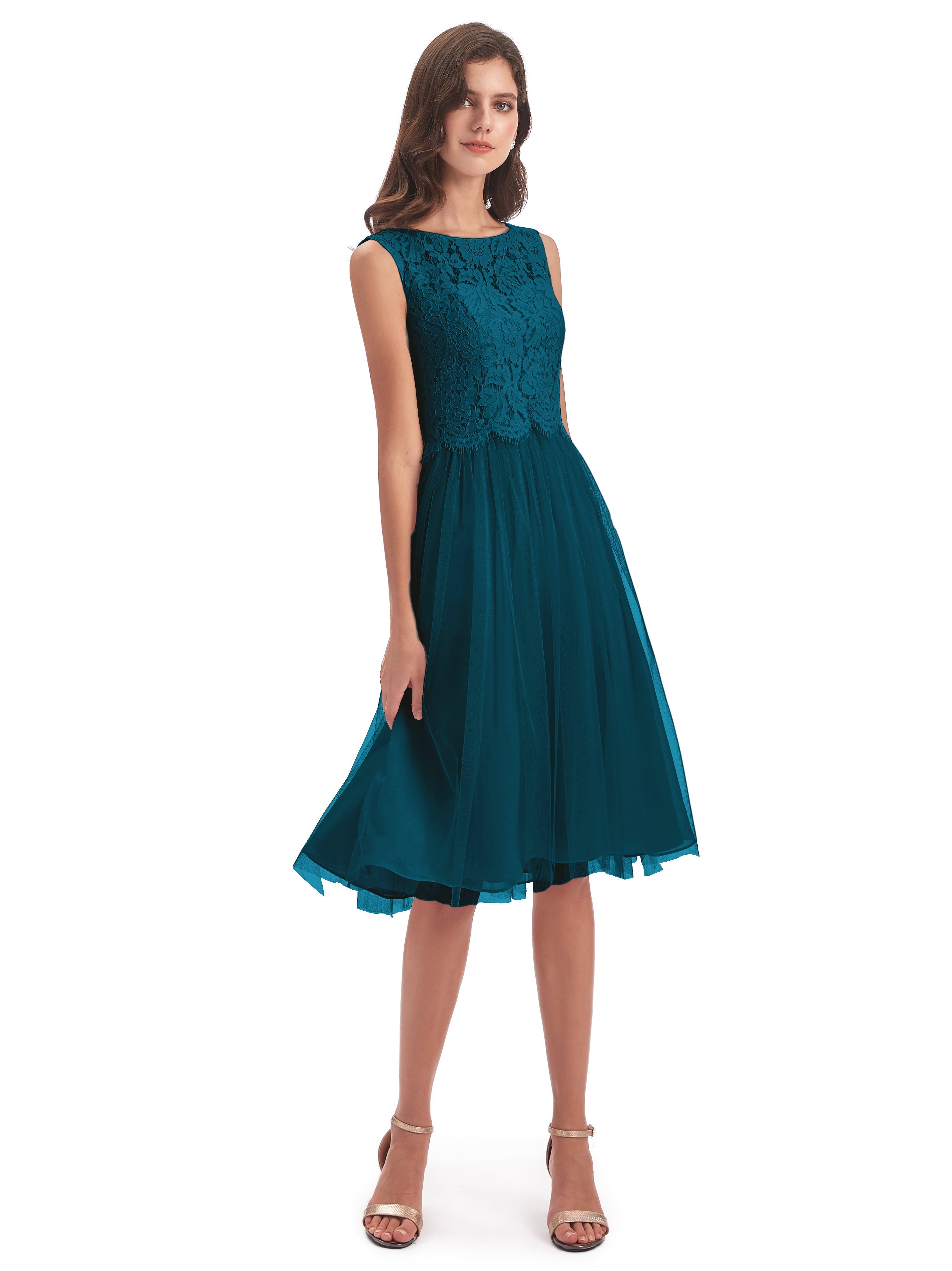 Robes De Demoiselle D'Honneur Bleu Encre Bateau Longueur Genou Tulle/Dentelle Robes Demoiselle D'Honneur