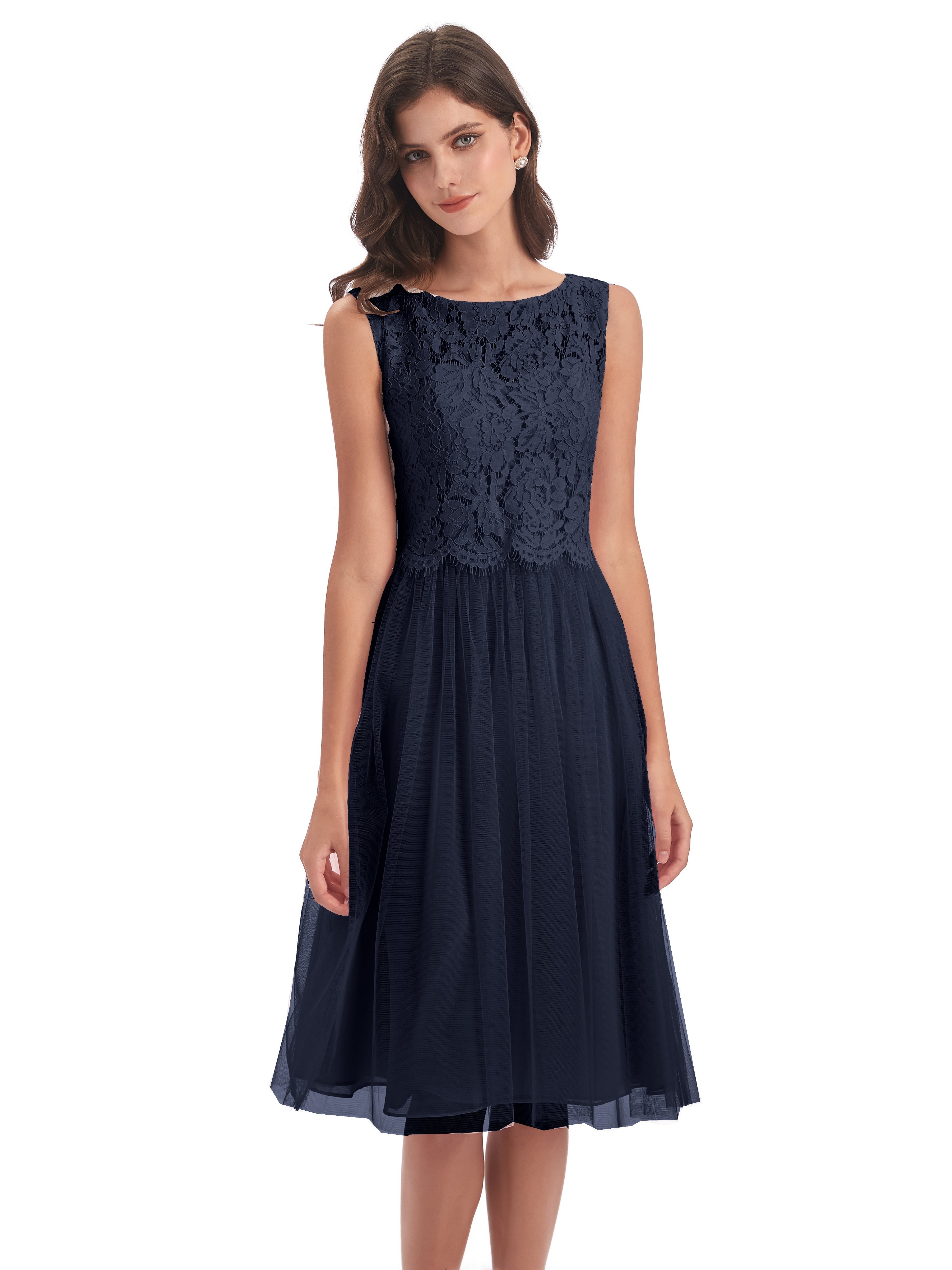 Robes De Demoiselle D'Honneur Bleu Marine Bateau Longueur Genou Tulle/Dentelle Robes Demoiselle D'Honneur