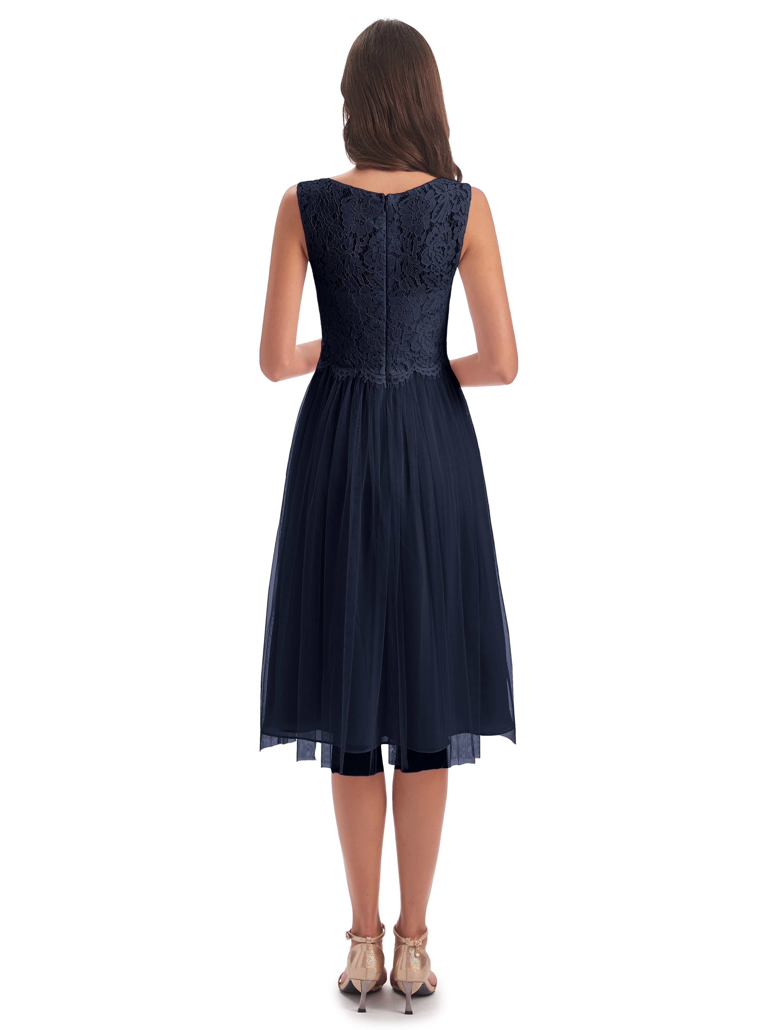 Robes De Demoiselle D'Honneur Bleu Marine Bateau Longueur Genou Tulle/Dentelle Robes Demoiselle D'Honneur